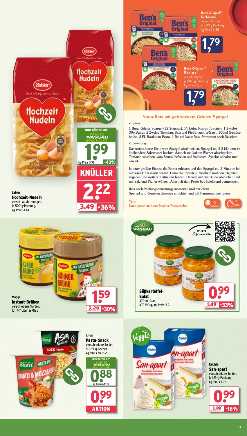 Aktueller Prospekt Wasgau - von 26.05 bis 31.05.2025 - strona 19 - produkty: Anrichte, basilikum, Becher, beutel, bier, Biere, braten, Brühe, butter, cola, eis, gin, grüner spargel, kartoffel, kartoffelsalat, knorr, knorr pasta, kochbeutel, leine, maggi, natur, natur-reis, nudel, nudeln, ombra, pasta, pesto, pfanne, pfeffer, reis, rucola, salat, salz, snack, spargel, Ti, tomate, tomaten, wasser, würfel, Zabler, zwiebel, zwiebeln