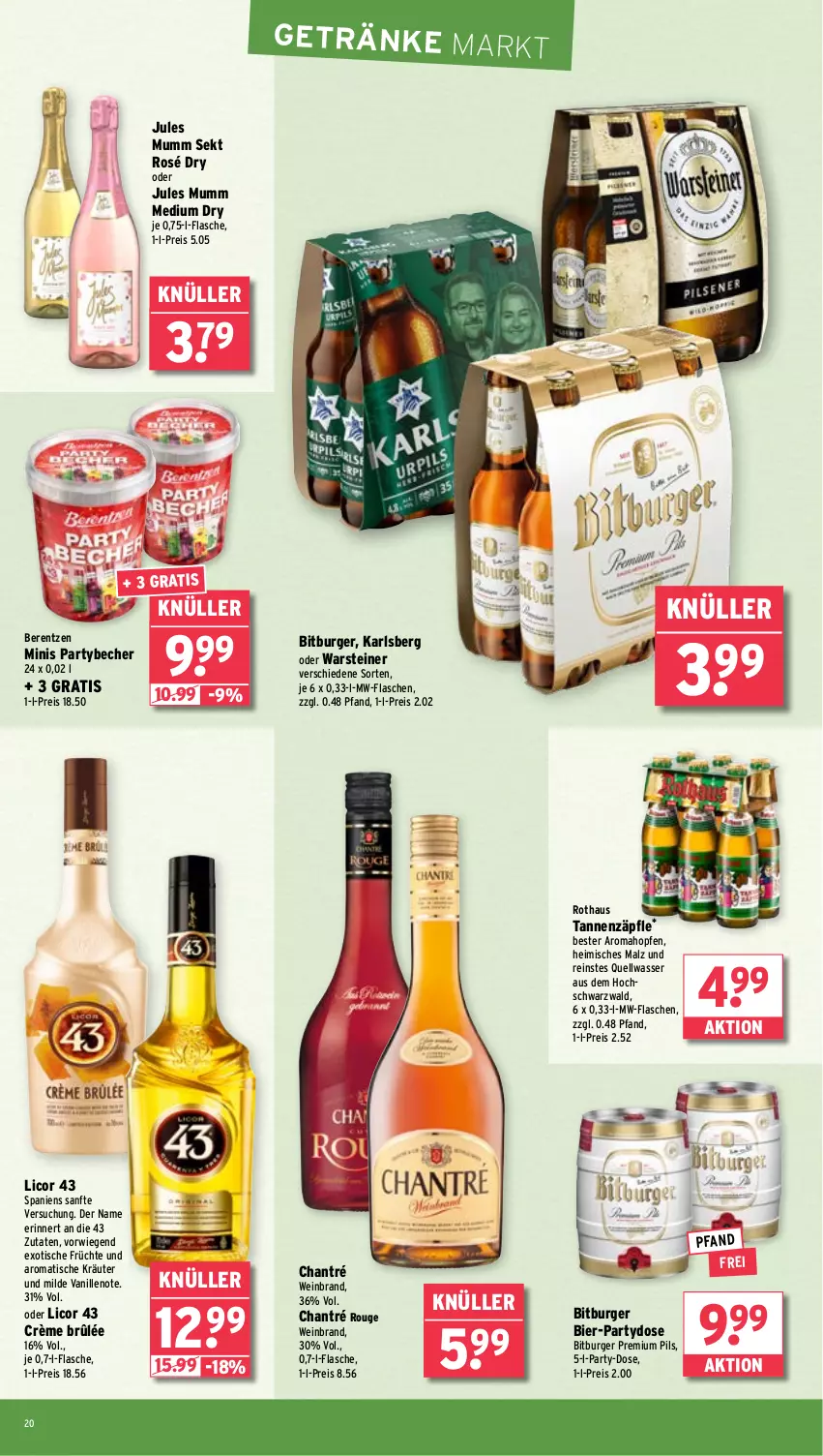Aktueller Prospekt Wasgau - von 26.05 bis 31.05.2025 - strona 20 - produkty: Becher, berentzen, bier, bitburger, burger, chantré, Crème Brûlée, eis, flasche, früchte, getränk, getränke, jules mumm, karlsberg, kräuter, licor, licor 43, malz, mumm, mw-flasche, pils, premium pils, reis, rouge, sekt, steiner, Ti, tisch, vanille, warsteiner, wasser, wein, weinbrand