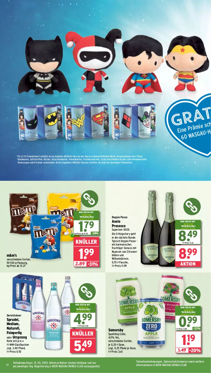 Aktueller Prospekt Wasgau - von 26.05 bis 31.05.2025 - strona 22 - produkty: Birnen, Blüte, cider, doppio passo, ecco, eis, elle, flasche, frucht, gerolsteine, gerolsteiner, glasflasche, gutschein, hero, LG, natur, Nuance, nuss, passo, prosecco, reis, rel, somersby, Sprudel, steiner, Stier, Sushi, telefon, Ti, zitrone, zitronen