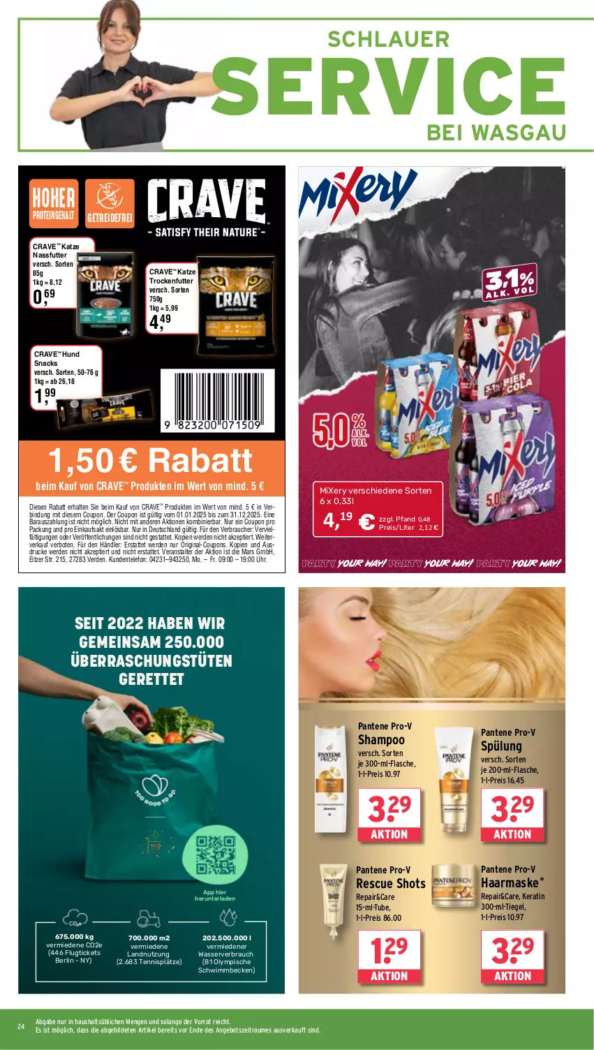 Aktueller Prospekt Wasgau - von 26.05 bis 31.05.2025 - strona 24 - produkty: angebot, auer, coupon, coupons, eis, ente, erde, flasche, gin, mars, Maske, Mixer, mixery, nassfutter, pantene, pantene pro-v, pro-v, Rauch, reis, shampoo, snack, snacks, spülung, telefon, Ti, trockenfutter, Tüte, uhr, wasser