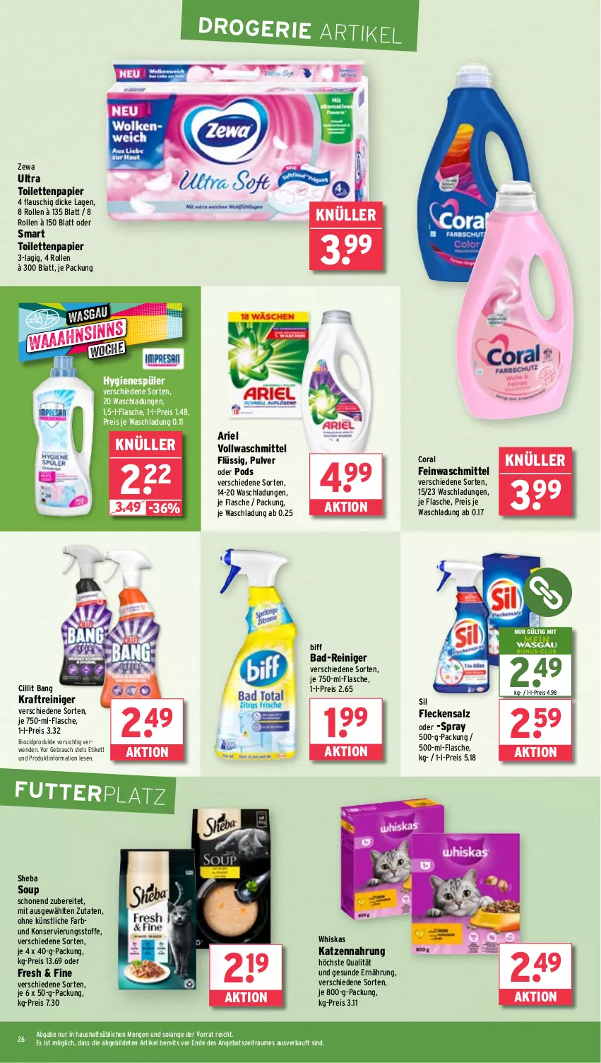 Aktueller Prospekt Wasgau - von 26.05 bis 31.05.2025 - strona 26 - produkty: angebot, ariel, Bad, Bad-Reiniger, biff, bio, biozidprodukte, Cillit, cillit bang, Coral, eis, feinwaschmittel, flasche, hygienespüler, katzennahrung, kraft, papier, Pods, Rauch, reiniger, reis, rwe, salz, sheba, Ti, toilettenpapier, vollwaschmittel, waschmittel, whiskas, zewa