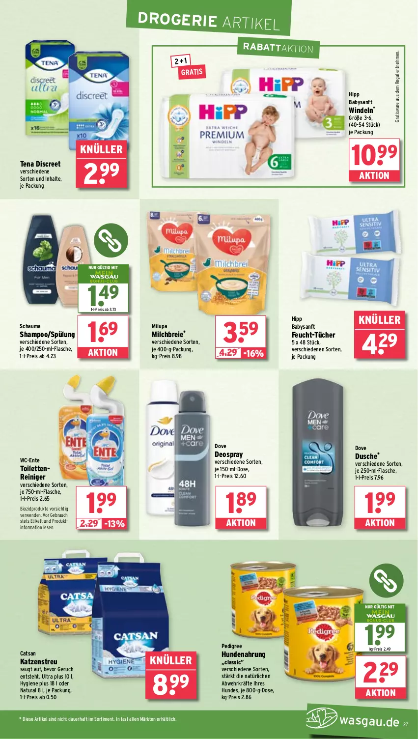 Aktueller Prospekt Wasgau - von 26.05 bis 31.05.2025 - strona 27 - produkty: auer, bio, biozidprodukte, Brei, catsan, deo, deospray, Discreet, dove, dusche, eis, ente, flasche, hipp, hundenahrung, Katzenstreu, milch, milupa, natur, natura, pedigree, Rauch, regal, reiniger, reis, rwe, schauma, schauma shampoo, shampoo, spülung, Ti, tücher, windeln