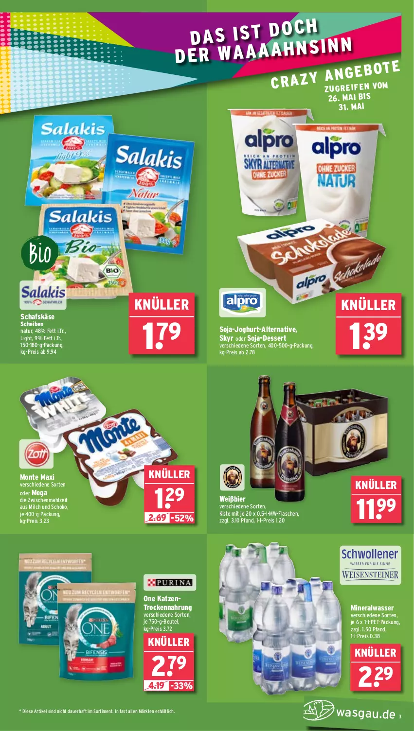 Aktueller Prospekt Wasgau - von 26.05 bis 31.05.2025 - strona 3 - produkty: Alwa, auer, beutel, bier, dessert, eis, flasche, joghur, joghurt, Käse, milch, mineralwasser, monte, mw-flasche, natur, reis, schafskäse, schoko, Skyr, soja, Ti, Trockennahrung, wasser