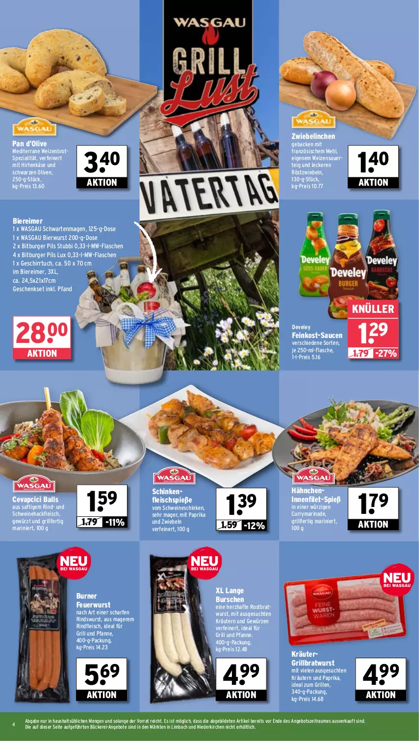 Aktueller Prospekt Wasgau - von 26.05 bis 31.05.2025 - strona 4 - produkty: angebot, angebote, auer, ball, bier, Biere, bitburger, bitburger pils, bratwurst, brot, burger, cevapcici, curry, develey, eimer, eis, feinkost, filet, flasche, fleisch, Fleischspieße, für grill und pfanne, geback, geschenkset, geschirr, geschirrtuch, gewürz, grill, grill und pfanne, grillbratwurst, hackfleisch, hirtenkäse, ideal für grill, ideal für grill und pfanne, ideal zum grillen, Käse, kräuter, kräutern, marinade, mehl, mit paprika, mw-flasche, olive, oliven, paprika, pfanne, pils, reis, rind, rindfleisch, rostbratwurst, röstzwiebeln, saft, sauce, saucen, schinken, schwein, schweine, Schweinehackfleisch, Spezi, Ti, tuc, und pfanne, wein, weine, Weizenbrot, wurst, zwiebel, zwiebeln