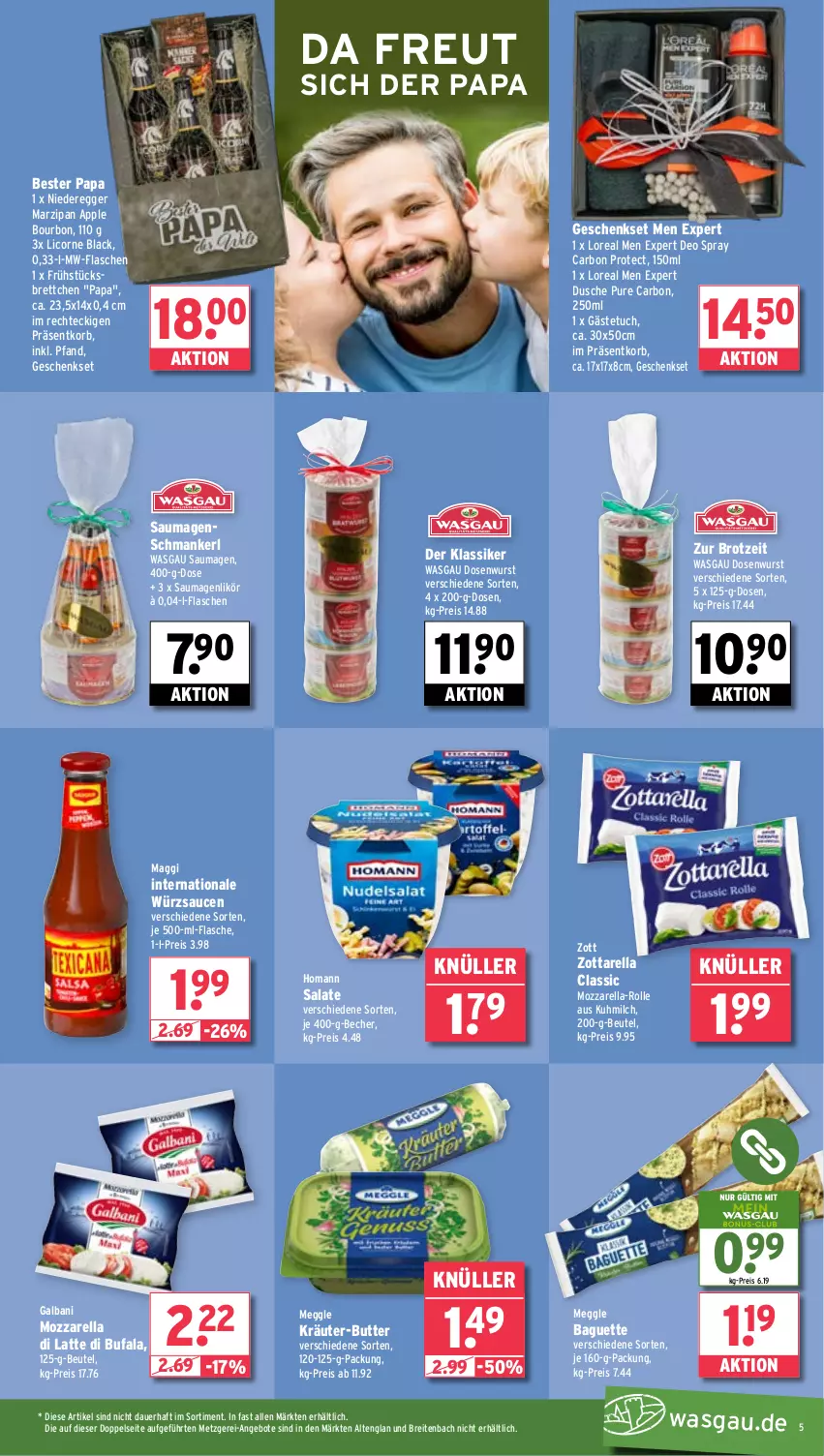 Aktueller Prospekt Wasgau - von 26.05 bis 31.05.2025 - strona 5 - produkty: angebot, angebote, Apple, auer, baguette, Becher, beutel, bourbon, Brei, Brettchen, brot, butter, deo, deo spray, di bufala, Dosenwurst, dusche, Egger, eis, flasche, galbani, gästetuch, geschenkset, homann, je 500-ml-flasche, korb, kräuter, kräuter-butter, lack, latte, licor, likör, loreal, maggi, marzipan, meggle, milch, mozzarella, mw-flasche, reis, rel, salat, salate, sauce, saucen, Saumagen, Ti, tuc, wurst, würzsauce, würzsaucen, zott, zottarella