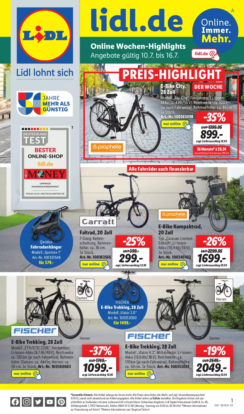 Aktueller Prospekt Lidl - Wochen-Highlights im Onlineshop - von 10.07 bis 16.07.2023 - strona 1 - produkty: akku, angebot, angebote, Anhänger, dell, E-Bike, eis, elle, Fahrrad, fisch, fische, Fischer, Kette, Mode, ndk, reis, rel, rwe, Schal, Schale, Sport, telefon, Ti, uhr