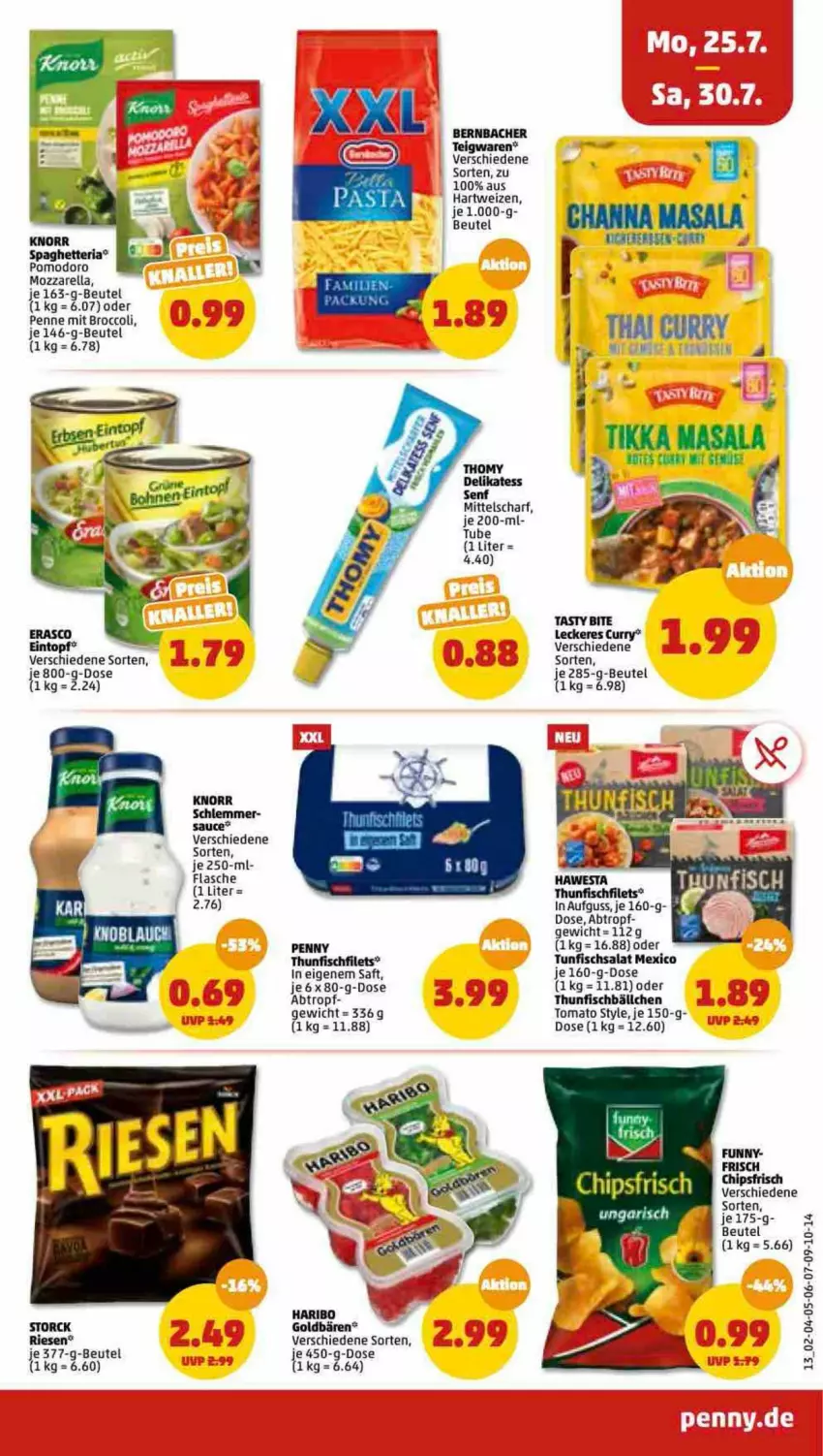 Aktueller Prospekt Penny - Prospekte - von 25.07 bis 30.07.2022 - strona 13 - produkty: beutel, broccoli, curry, delikatess senf, filet, filets, fisch, flasche, goldbären, haribo, hartweizen, hawesta, mozzarella, penne, rel, Ria, saft, salat, senf, storck, thomy, thunfisch