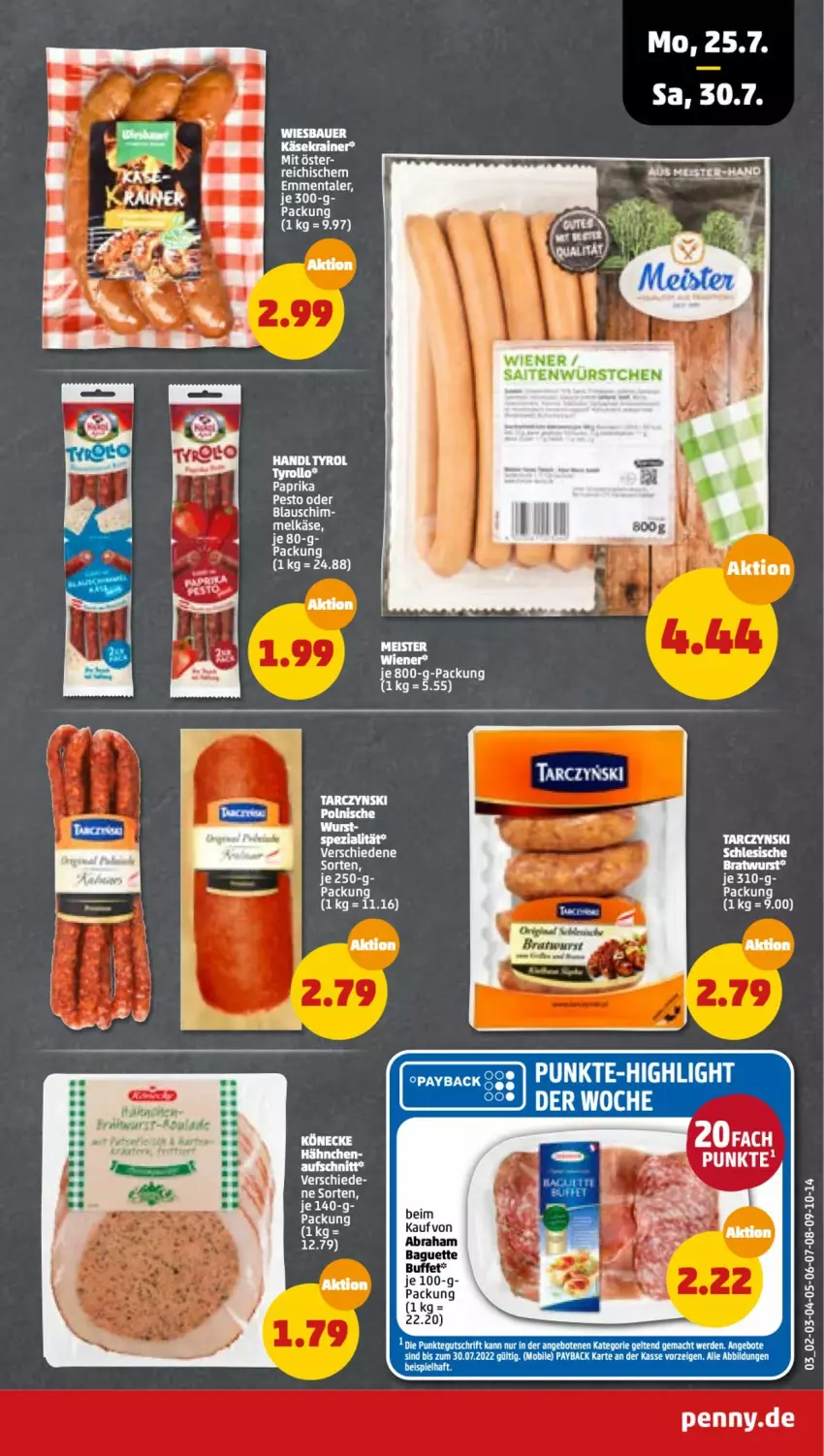 Aktueller Prospekt Penny - Prospekte - von 25.07 bis 30.07.2022 - strona 3 - produkty: bratwurst, eis, emmentaler, Käse, Käsekrainer, Meister, pesto, wiener, wurst