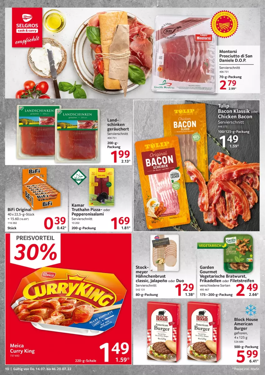 Aktueller Prospekt Selgros - Food - von 14.07 bis 20.07.2022 - strona 10 - produkty: bacon, bifi, bratwurst, burger, dell, eis, elle, ente, filet, filets, frikadellen, gin, hähnchenbrust, montorsi, Peroni, pizza, preisvorteil, prosciutto, Prosciutto di San Daniele, reifen, reis, salami, schinken, Ti, truthahn, tulip, Vegeta, wurst