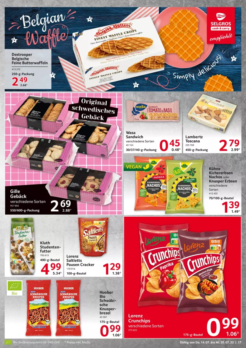 Aktueller Prospekt Selgros - Food - von 14.07 bis 20.07.2022 - strona 17 - produkty: Amber, beutel, bio, brezel, butter, cracker, ente, erbsen, huober, kichererbsen, Kühne, lambertz, LG, lorenz, nacho, Nachos, salat, saltletts, sandwich, vita, waffeln, wasa