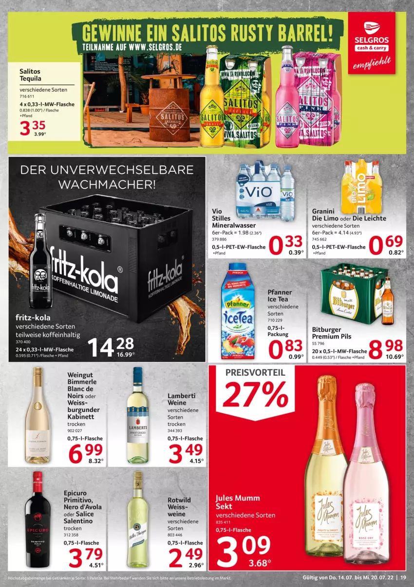 Aktueller Prospekt Selgros - Food - von 14.07 bis 20.07.2022 - strona 19 - produkty: Alwa, Amber, bitburger, burger, burgunder, eis, flasche, fritz, fritz-kola, granini, ice tea, kabinett, limo, mac, merl, mineralwasser, mw-flasche, nero, pfanne, Pfanner, pils, preisvorteil, premium pils, primitivo, reis, rel, rwe, tee, tequila, Ti, wasser, wein, weine, Wild