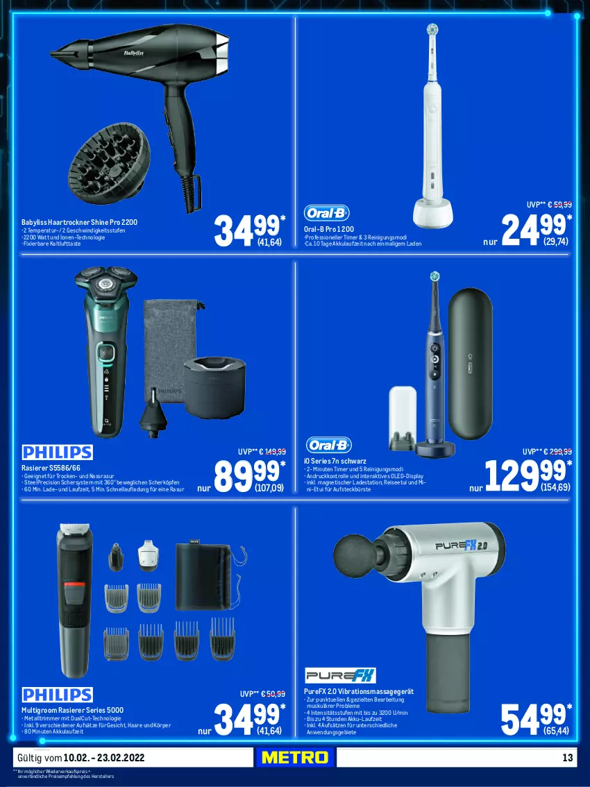 Aktueller Prospekt Metro - Technik Spezial - von 10.02 bis 23.02.2022 - strona 13 - produkty: akku, BaByliss, bürste, eis, elle, haartrockner, Massagegerät, Multigroom, oral-b, rasierer, Reinigung, reis, tee, teller, Ti, timer, tisch, Trockner