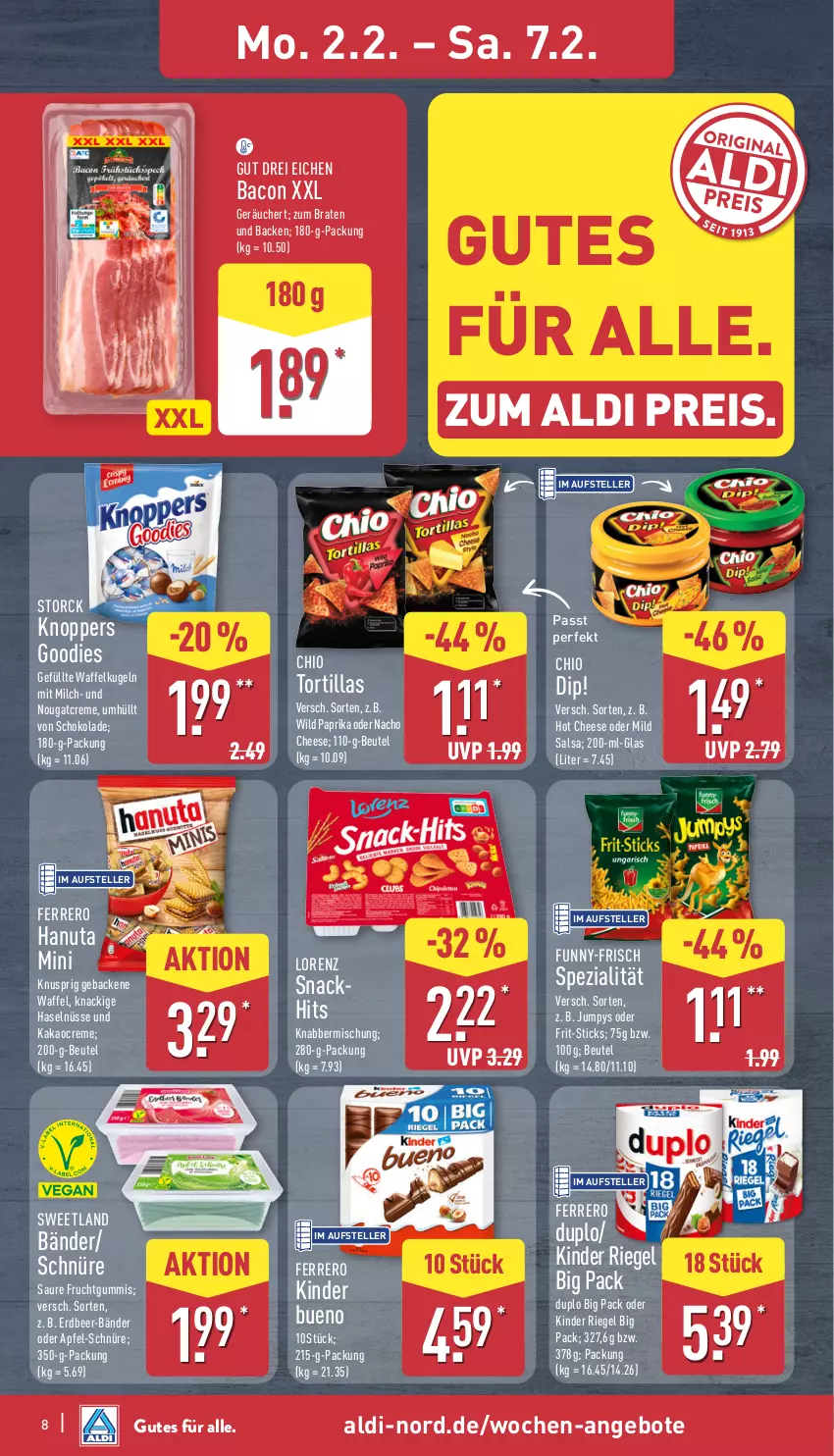Aktueller Prospekt Aldi Nord - Von Montag - von 02.02 bis 07.02.2026 - strona 10 - produkty: aldi, angebot, angebote, apfel, bacon, beutel, braten, creme, dip, duplo, eis, elle, ferrero, Frit-Sticks, frucht, fruchtgummi, fruchtgummis, funny-frisch, geback, hanuta, kakao, Kinder, kinder bueno, kinder riegel, knoppers, Kugel, lorenz, milch, nacho, nacho cheese, Nougatcreme, paprika, reis, riegel, Salsa, schoko, schokolade, snack, Spezi, storck, Sweetland, teller, Ti, tortilla, tortillas, Wild, wild paprika