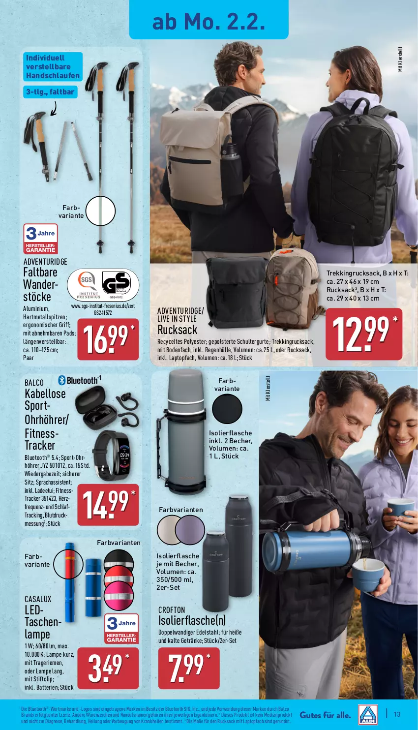 Aktueller Prospekt Aldi Nord - Von Montag - von 02.02 bis 07.02.2026 - strona 15 - produkty: batterie, batterien, Becher, Crofton, edelstahl, fitnesstracker, flasche, getränk, getränke, isolierflasche, Lampe, Laptop, Laufen, LG, medizinprodukt, Ria, rucksack, rwe, sac, schultergurt, Sport, Tasche, taschen, taschenlampe, Ti, topf, Trekkingrucksack