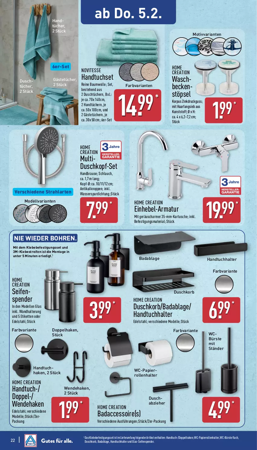 Aktueller Prospekt Aldi Nord - Von Montag - von 02.02 bis 07.02.2026 - strona 24 - produkty: ACC, armatur, Bad, Bau, baumwolle, Bebe, brause, bürste, dell, edelstahl, elle, Gästetücher, handbrause, handtuch, handtücher, Handtuchhalter, Kette, korb, LG, Mode, papier, Papierrollenhalter, reifen, reine baumwolle, Ria, rum, schlauch, Seife, seifenspender, Ti, tuc, tücher, wandhalterung, waschbecken, wasser, WC-Bürste, wolle