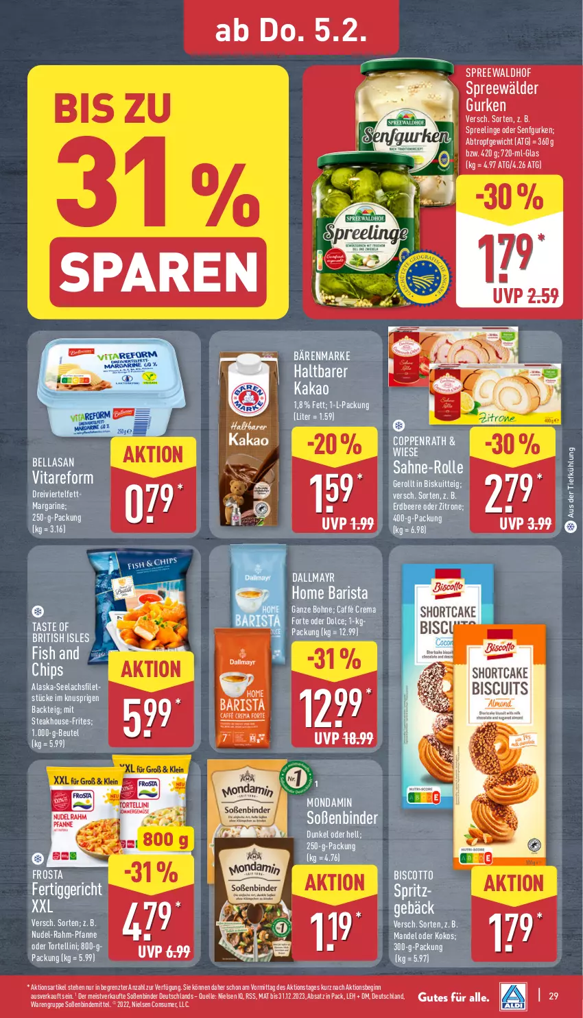 Aktueller Prospekt Aldi Nord - Von Montag - von 02.02 bis 07.02.2026 - strona 31 - produkty: Alaska-Seelachs, Alaska-Seelachsfilet, aus der tiefkühlung, bärenmarke, beere, beutel, biscotto, bohne, caffè crema, chips, coppenrath, dallmayr, eis, elle, erdbeere, fertiggericht, filet, filets, frosta, gin, gurke, gurken, kakao, kokos, lachs, lachsfilet, lachsfilets, mandel, margarine, mondamin, nudel, pfanne, sahne, seelachsfilet, senf, Soße, spreewälder, spreewaldhof, Spritzgebäck, steak, Ti, torte, tortellini, vita, zitrone, ZTE