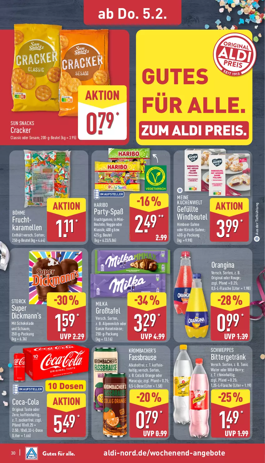 Aktueller Prospekt Aldi Nord - Von Montag - von 02.02 bis 07.02.2026 - strona 32 - produkty: aldi, alkohol, alpenmilch, angebot, angebote, aus der tiefkühlung, beutel, brause, coca-cola, cola, cracker, eis, elle, fassbrause, flasche, frucht, fruchtgummi, ganze haselnüsse, getränk, gin, haribo, himbeer, karamell, kirsch, krombache, krombacher, kuchen, maracuja, milch, milka, orange, orangina, reis, rouge, sahne, schoko, schokolade, schweppes, sesam, snack, snacks, storck, Sun Snacks, teller, Ti, tonic, tonic water, veggie, Wild, wild berry, Windbeutel, zucker
