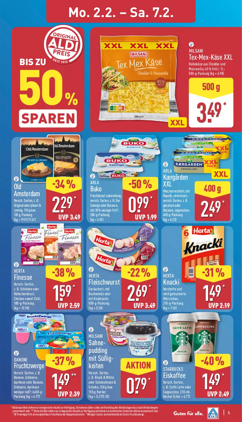 Aktueller Prospekt Aldi Nord - Von Montag - von 02.02 bis 07.02.2026 - strona 5 - produkty: aprikose, arla, arla buko, banane, Becher, beere, buch, Buko, caffè latte, Cap, cappuccino, cheddar, chili, cin, danone, danone fruchtzwerge, doppelrahmstufe, eis, eiskaffee, erdbeere, finesse, fleisch, fleischwurst, frischkäse, frucht, fruchtzwerge, gin, hähnchenbrust, herta, herta finesse, Holz, Kærgården, kaffee, Käse, knoblauch, lack, latte, linsen, mit knoblauch, mozzarella, oder cappuccino, Old Amsterdam, pudding, rapsöl, Reibekäse, rel, sahne, salz, schinken, schoko, Schokolinsen, starbucks, Streichzart, Ti, wurst, würstchen, ZTE, zucker