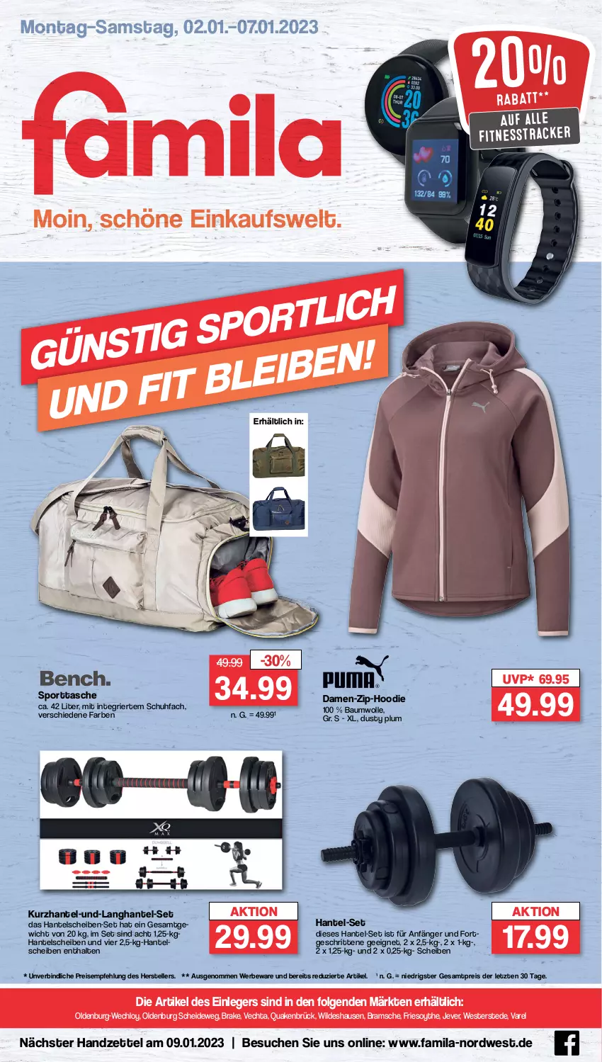 Aktueller Prospekt Famila - Prospekte - von 02.01 bis 07.01.2023 - strona 1 - produkty: Bau, baumwolle, eis, elle, fitnesstracker, jever, LG, reis, rel, Sport, sporttasche, Tasche, teller, Ti, Weste, Wild, wolle, ZTE