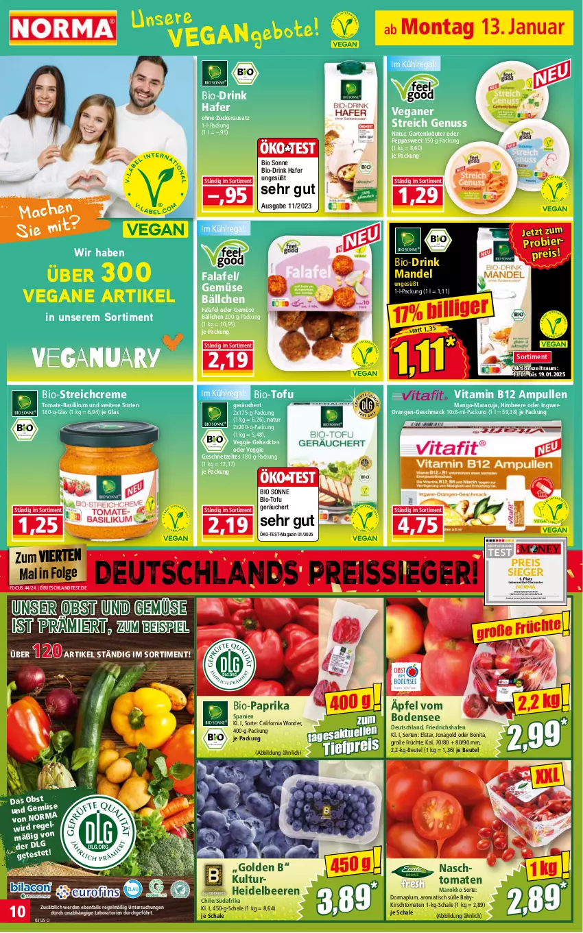 Aktueller Prospekt Norma - Norma - von 13.01 bis 20.01.2025 - strona 10 - produkty: basilikum, beere, beeren, beutel, bier, bio, Bio-Paprika, bonita, creme, drink, eis, erde, Falafel, früchte, Garten, geschnetzeltes, hafer, heidelbeere, heidelbeeren, himbeer, himbeere, ingwer, kirsch, kräuter, kühlregal, LG, mac, magazin, mandel, mango, maracuja, natur, nuss, obst, Obst und Gemüse, orange, orangen, paprika, regal, reis, reiss, Schal, Schale, Ti, tiefpreis, tisch, Tofu, tomate, tomate-basilikum, tomaten, und gemüse, veggie, vita, Vitamin B, Zelt, zucker