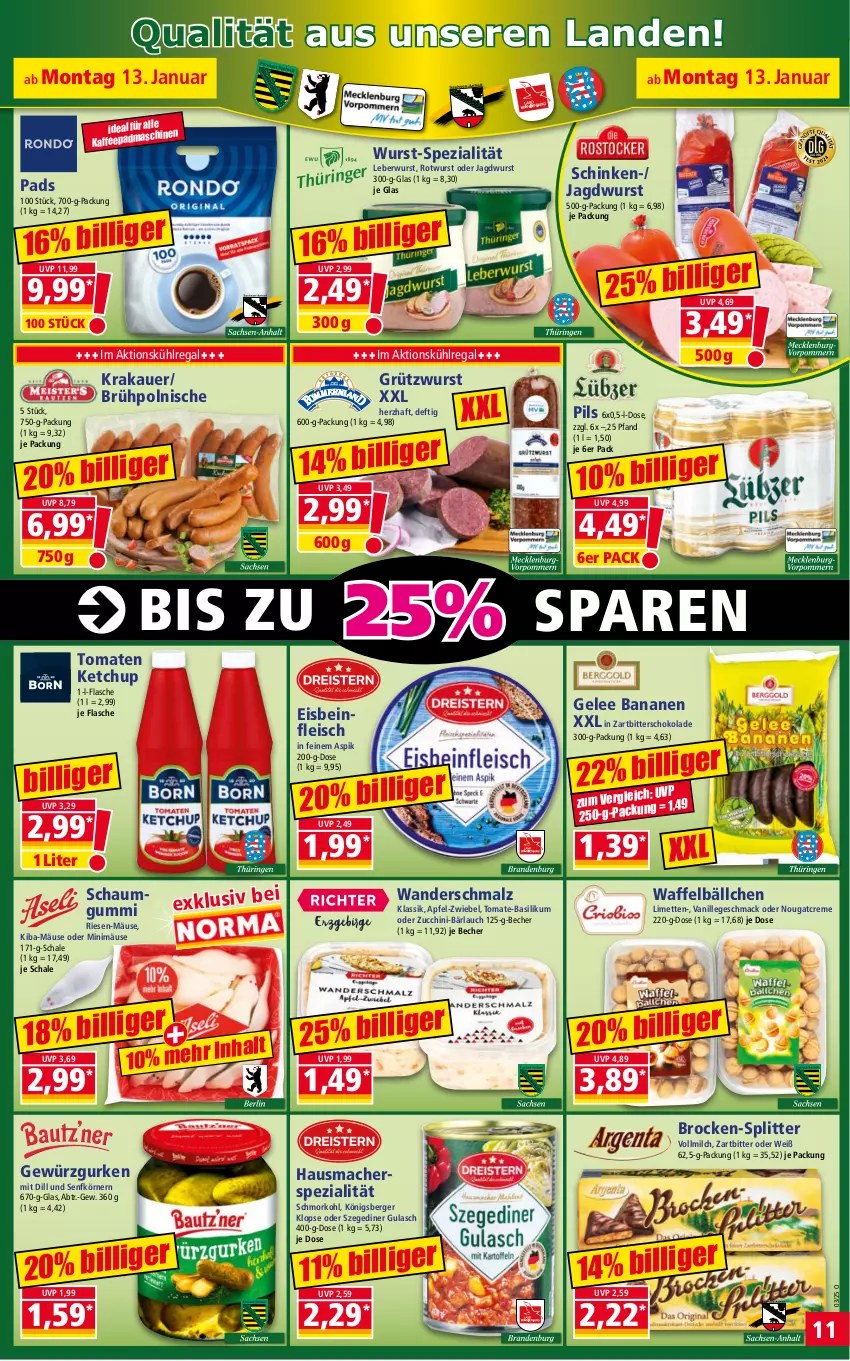 Aktueller Prospekt Norma - Norma - von 13.01 bis 20.01.2025 - strona 11 - produkty: apfel, auer, banane, bananen, basilikum, Becher, Berger, Brock, creme, eis, flasche, fleisch, gelee, gewürz, Gewürzgurke, gewürzgurken, gulasch, gurke, gurken, Hausmacher, HP, jagdwurst, kaffee, ketchup, Königsberger Klopse, krakauer, kühlregal, leberwurst, limette, limetten, mac, malz, Mett, metten, milch, Nougatcreme, pils, regal, Rotwurst, Schal, Schale, schinken, Schmalz, schoko, schokolade, senf, Spezi, Ti, tomate, tomate-basilikum, tomaten, tomaten ketchup, vanille, vollmilch, wurst, Zartbitterschokolade, zucchini, zwiebel