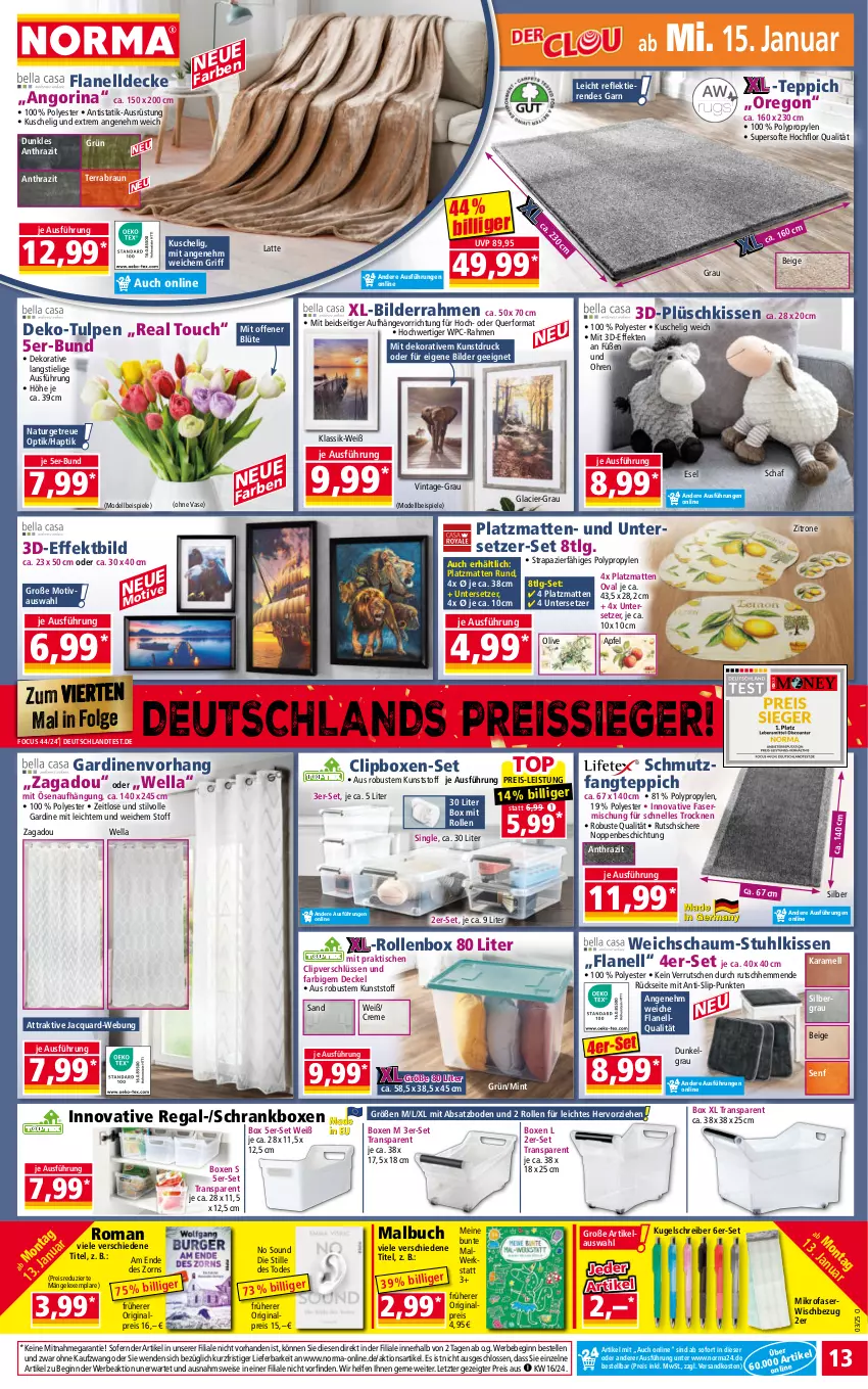 Aktueller Prospekt Norma - Norma - von 13.01 bis 20.01.2025 - strona 13 - produkty: apfel, Bebe, bilderrahmen, Blüte, braun, buch, creme, decke, Deckel, dell, eis, elle, Gardinen, gin, karamell, kissen, Kugel, kugelschreiber, latte, LG, Malbuch, mikrofaser, mint, Mode, natur, ndk, olive, Plüsch, regal, reis, reiss, Rollenbox, Schrank, senf, slip, Spiele, stuhl, stuhlkissen, teppich, Ti, Tiere, tisch, Untersetzer, Vase, Wella, zitrone, ZTE