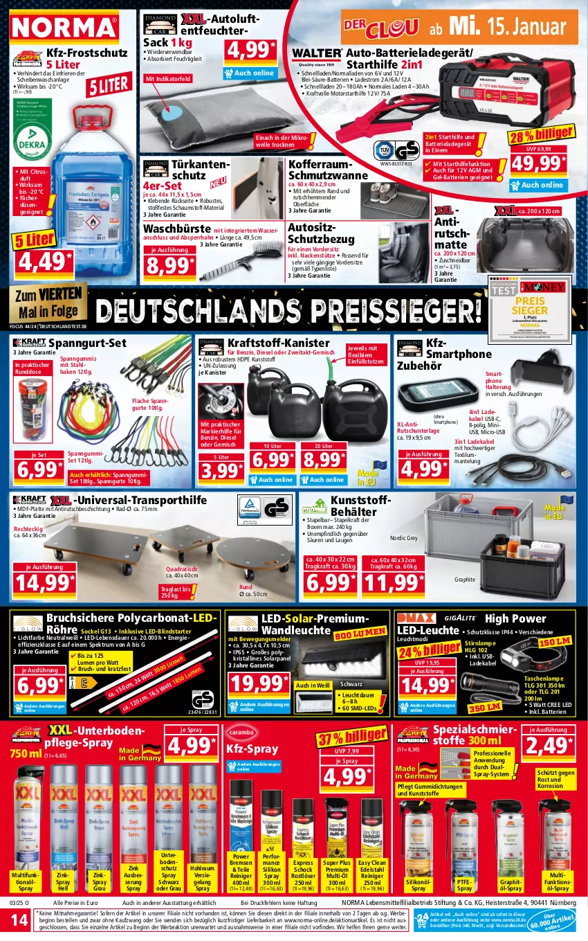 Aktueller Prospekt Norma - Norma - von 13.01 bis 20.01.2025 - strona 14 - produkty: auer, auto, batterie, batterien, Bebe, Behälter, bier, Bona, bürste, citrus, deka, Diesel, edelstahl, eis, elle, gin, koffer, kraft, ladegerät, ladekabel, Lampe, latte, lebensmittel, LED-Leuchte, leds, Leuchte, LG, Luftentfeuchter, Mantel, mikrowelle, ndk, quad, reiniger, reis, reiss, Ria, rum, rwe, sac, smartphone, Spektrum, Spezi, Sport, Tasche, taschen, taschenlampe, Ti, tisch, usb, Wanne, wasser