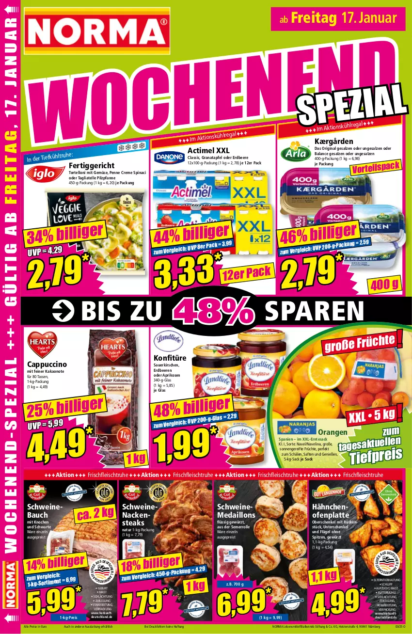 Aktueller Prospekt Norma - Norma - von 13.01 bis 20.01.2025 - strona 16 - produkty: actimel, apfel, aprikose, aprikosen, auer, Bau, beere, beeren, Cap, cappuccino, cin, creme, eis, elle, erdbeere, erdbeeren, fertiggericht, fleisch, früchte, gewürz, gin, grana, granatapfel, henkel, Kærgården, kakao, kirsch, kirsche, kirschen, konfitüre, latte, lebensmittel, medaillons, mit gemüse, Nackensteak, nackensteaks, natur, navelina, Ofen, orange, orangen, penne, pfanne, Rana, regal, reis, sac, saft, salz, sauerkirschen, schenkel, schwein, schweine, Schweinebauch, schweinenacken, steak, steaks, tagliatelle, tasse, tesa, Ti, tiefpreis, torte, tortelloni, wein, weine