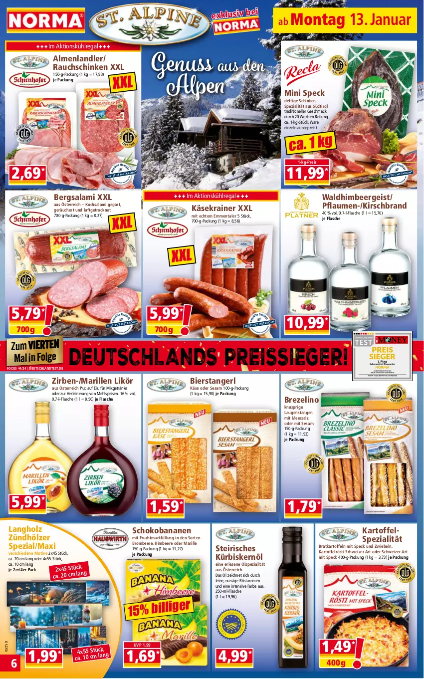 Aktueller Prospekt Norma - Norma - von 13.01 bis 20.01.2025 - strona 6 - produkty: banane, bananen, beere, bier, brezel, brombeere, eis, elle, emmentaler, flasche, frucht, Fruchtmark, getränk, getränke, himbeer, himbeere, Holz, kartoffel, kartoffeln, Käse, Käsekrainer, kirsch, kühlregal, Kürbis, Kürbiskernöl, Laugenstange, LG, likör, mac, meersalz, mehl, mit frucht, Mixgetränk, nuss, pflaume, pflaumen, Rauch, regal, reis, reiss, salami, salz, schinken, schoko, Schokobananen, sesam, Speck, Spezi, Ti, zwiebel, zwiebeln