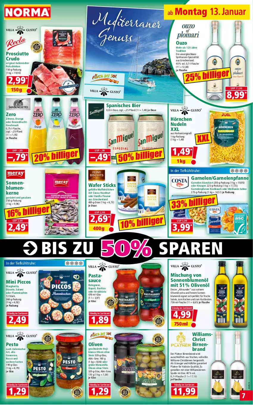 Aktueller Prospekt Norma - Norma - von 13.01 bis 20.01.2025 - strona 7 - produkty: arrabbiata, basilico, beere, beeren, bier, Birnen, blume, blumen, blumenöl, bolognese, braten, flammkuchen, flasche, frucht, garnelen, genovese, gin, hartweizen, hörnchen, knoblauch, kuchen, lamm, mac, margherita, nudel, nudeln, nuss, olive, oliven, olivenöl, olivenöl extra, orange, ouzo, pasta, pesto, pfanne, prosciutto, prosciutto crudo, reifen, rohschinken, sahne, salami, salat, salate, salz, sauce, schinken, sonnenblume, sonnenblumen, Sonnenblumenkerne, sonnenblumenöl, Spezi, spirituosen, Ti, Waffelröllchen, wein, Weißwein, weißwein-, zitrone, ZTE