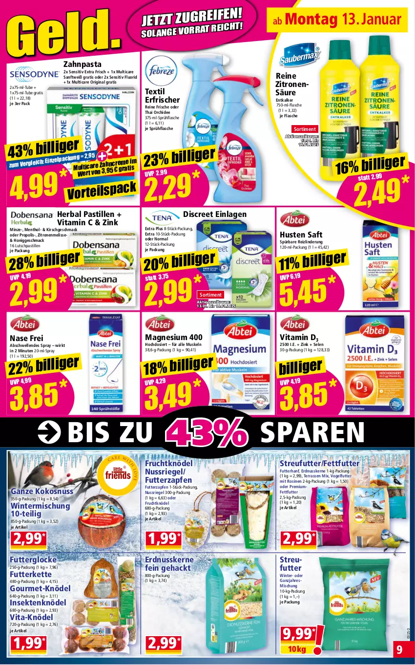 Aktueller Prospekt Norma - Norma - von 13.01 bis 20.01.2025 - strona 9 - produkty: asti, creme, Discreet, elle, entkalker, erdnuss, flasche, frucht, gin, honig, HP, Kette, kirsch, Knödel, kokos, kokosnuss, mac, magnesium, magnesium 400, minze, nuss, nussriegel, orchidee, pasta, Propolis, riegel, saft, sekt, sprühflasche, Streufutter, Ti, vita, Vitamin C, Vitamin D, Vogelfutter, zahncreme, zahnpasta, zitrone, zitronen