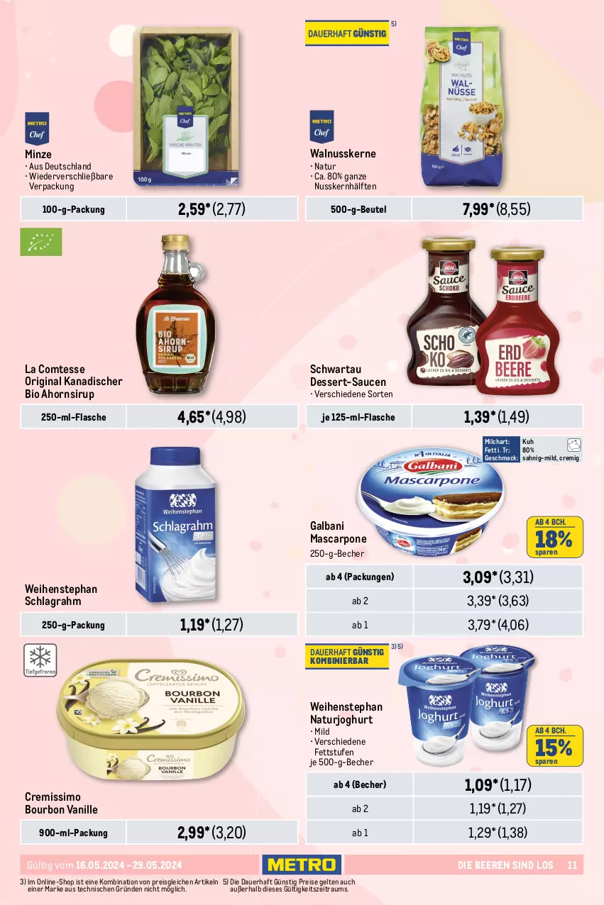 Aktueller Prospekt Metro - Food-NonFood - von 16.05 bis 29.05.2024 - strona 11 - produkty: auer, Becher, beere, beeren, beutel, bio, bourbon, bourbon vanille, comtess, cremissimo, dessert, eis, elle, erdbeere, erdbeeren, flasche, galbani, gin, heidelbeere, heidelbeeren, himbeer, himbeere, himbeeren, joghur, joghurt, küche, Küchen, mac, mascarpone, milch, minze, natur, naturjoghurt, nuss, reis, sauce, saucen, Schal, Schale, schlagrahm, Schwartau, sim, sirup, Ti, vanille, walnuss, walnusskerne, weihenstephan, wiener, wiener boden