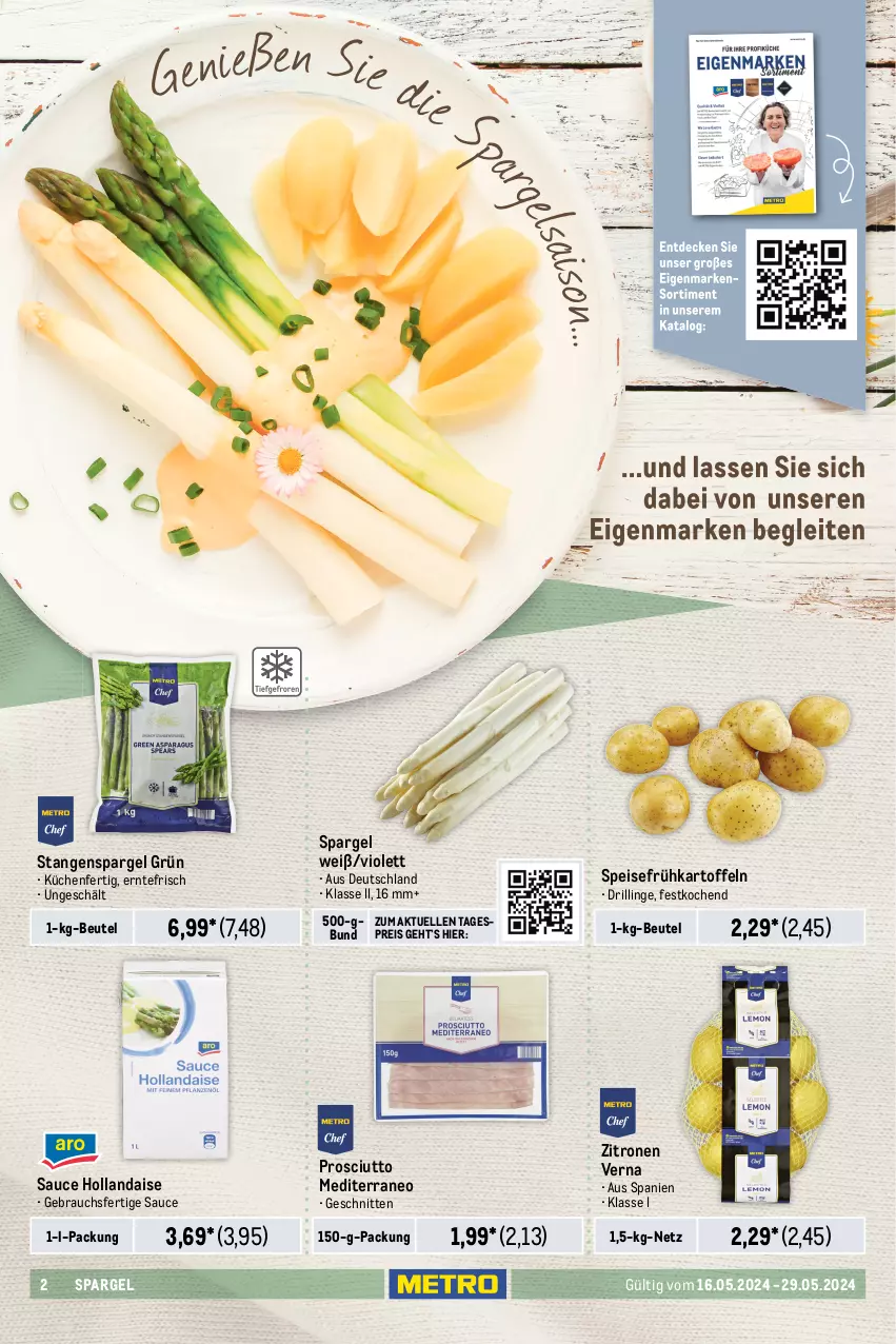 Aktueller Prospekt Metro - Food-NonFood - von 16.05 bis 29.05.2024 - strona 2 - produkty: beutel, braten, eis, elle, filet, Frühkartoffeln, hollandaise, kartoffel, kartoffeln, küche, Küchen, lachs, lachsfilet, Metro, prosciutto, Rauch, Räucherlachs, reis, rohschinken, salz, sauce, sauce hollandaise, Schal, Schale, schinken, schnitten, schnittlauch, schnitzel, schwein, schweine, schweineschnitzel, spargel, spargel grün, speisefrühkartoffeln, stangenspargel, Ti, wein, weine, zitrone, zitronen