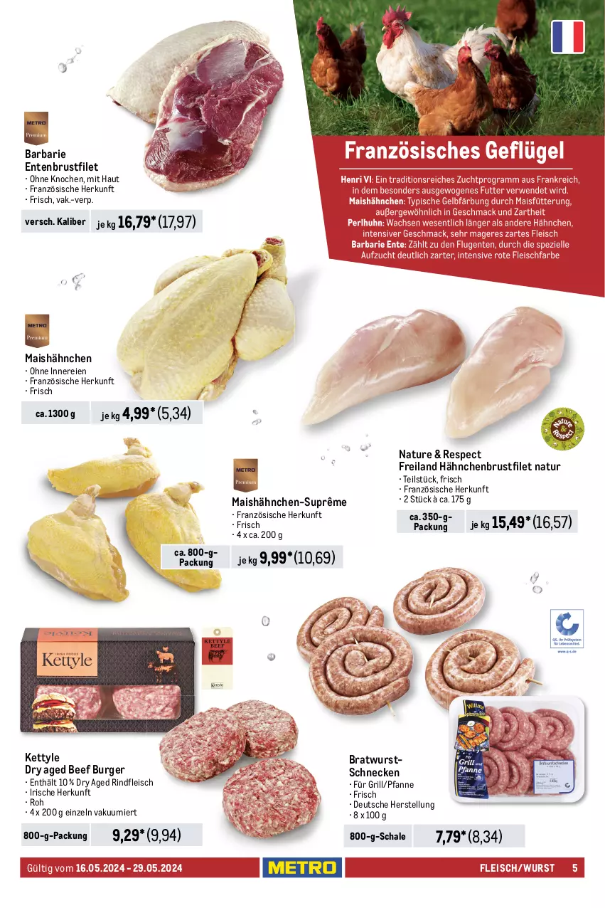 Aktueller Prospekt Metro - Food-NonFood - von 16.05 bis 29.05.2024 - strona 5 - produkty: beef, bratwurst, brustfilet, burger, decke, Deckel, eis, elle, ente, Entenbrust, filet, fleisch, grill, hähnchenbrust, hähnchenbrustfilet, honig, kotelett, lamm, mais, Metro, natur, paprika, pfanne, reis, rind, rinder, rinderfilet, rindfleisch, Rippen, Schal, Schale, schwein, schweine, schweinerücken, sim, spareribs, steak, steakhüfte, steaks, Ti, wein, weine, wurst