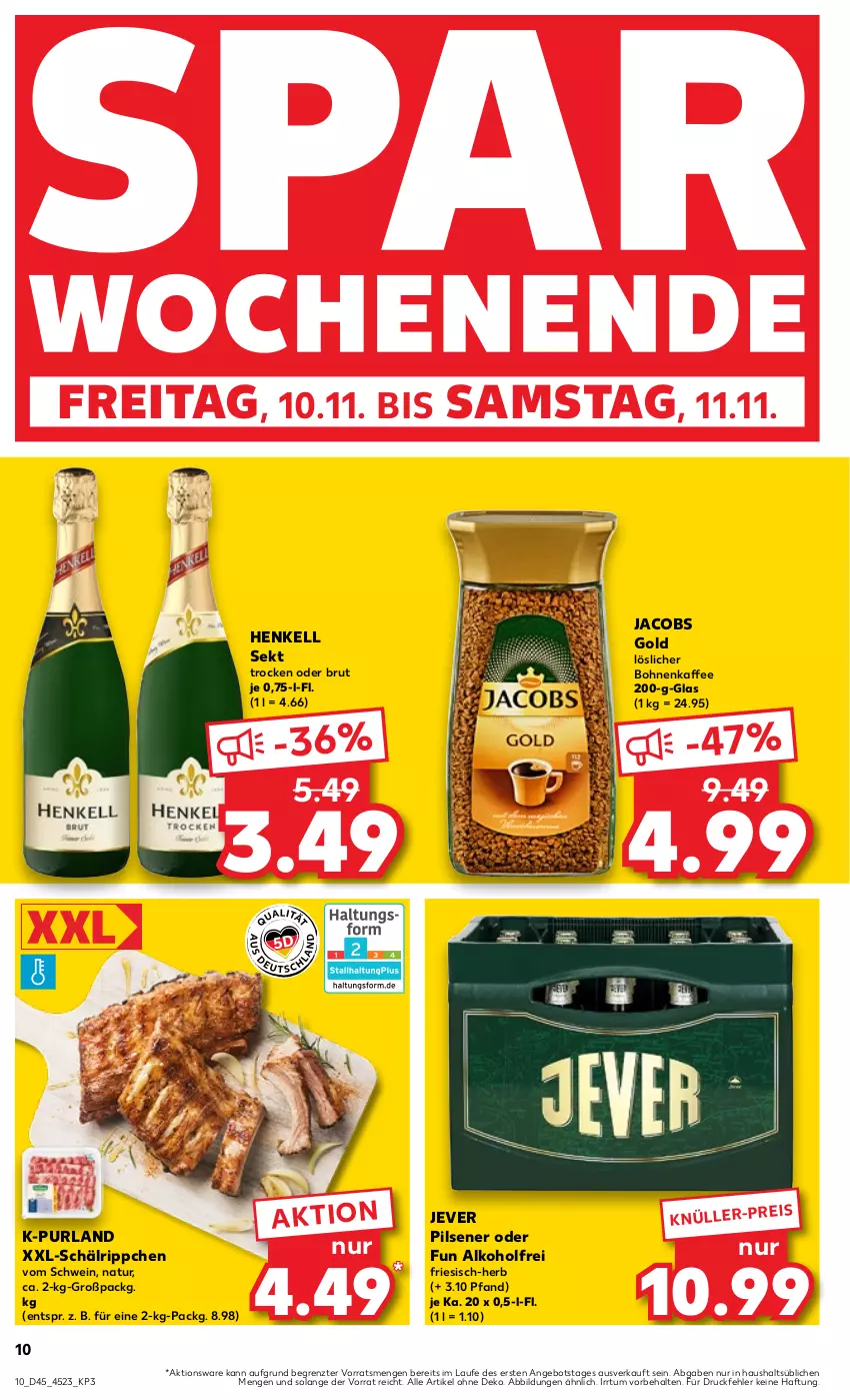 Aktueller Prospekt Kaufland - Prospekt - von 09.11 bis 15.11.2023 - strona 10 - produkty: alkohol, angebot, bohne, bohnen, bohnenkaffee, brut, eis, henkel, henkell, henkell sekt, jacobs, Jacobs Gold, jever, jever pilsener, kaffee, löslicher bohnenkaffee, natur, pils, pilsener, purland, schwein, sekt, Ti, wein, ZTE