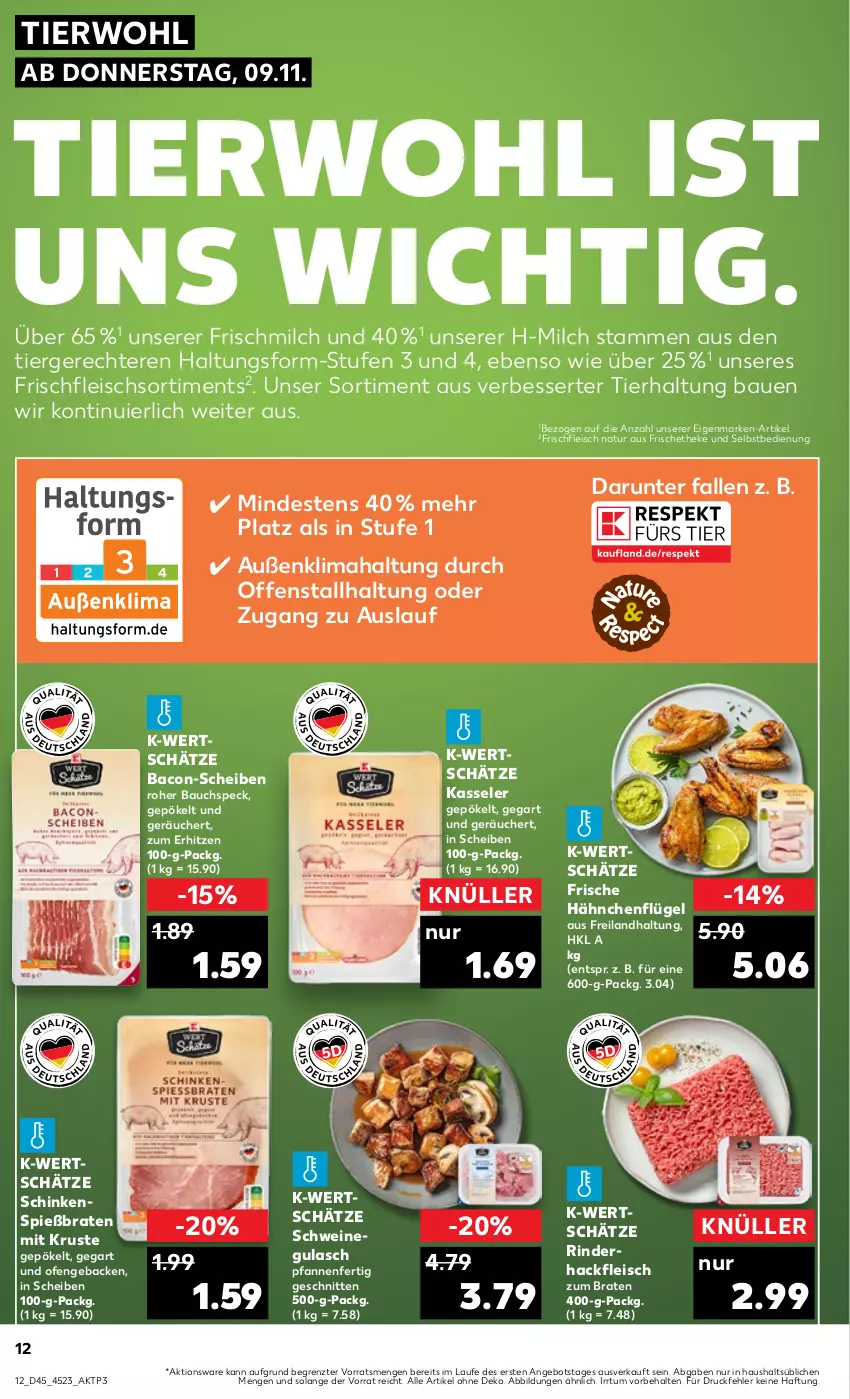 Aktueller Prospekt Kaufland - Prospekt - von 09.11 bis 15.11.2023 - strona 12 - produkty: angebot, bacon, Bau, braten, eis, fleisch, Frische Hähnchen, geback, gulasch, hackfleisch, hähnchenflügel, kasseler, milch, natur, Ofen, pfanne, pfannen, rind, rinder, rinderhackfleisch, schinken, schnitten, schwein, schweine, schweinegulasch, Speck, Ti, wein, weine, ZTE