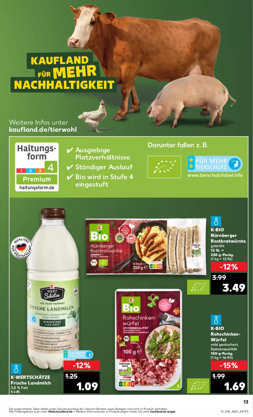 Aktueller Prospekt Kaufland - Prospekt - von 09.11 bis 15.11.2023 - strona 13 - produkty: angebot, angebote, Berger, besteck, bio, elle, geschirr, ilag, landmilch, milch, nürnberger, rohschinken, schinken, spitzenqualität, teller, Ti, würfel