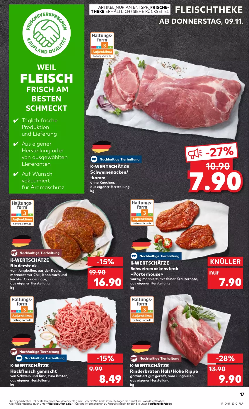 Aktueller Prospekt Kaufland - Prospekt - von 09.11 bis 15.11.2023 - strona 17 - produkty: angebot, angebote, besteck, braten, chili, eis, elle, fleisch, geschirr, hackfleisch, hackfleisch gemischt, ilag, jungbullen, knoblauch, kräuter, kräutern, Nackensteak, orange, orangen, rind, rinder, rinderbraten, Rindersteak, schwein, schwein und rind, schweine, schweinenacken, steak, teller, Ti, wein, weine