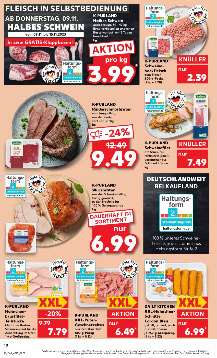 Aktueller Prospekt Kaufland - Prospekt - von 09.11 bis 15.11.2023 - strona 18 - produkty: angebot, auer, braten, brustfilet, chili, cordon bleu, eis, elle, filet, fleisch, fleisch in selbstbedienung, für grill und pfanne, geschnetzeltes, gewürz, grill, grill und pfanne, hackfleisch, hähnchenbrust, hähnchenbrustfilet, ideal zum braten, jungbullen, Klappbox, natur, Ofen, pfanne, purland, pute, Putengeschnetzeltes, Ria, rind, rinder, saft, schmorbraten, schwein, schweine, schweinefilet, schweinefleisch, Schweinehackfleisch, Ti, und pfanne, wein, weine, Zelt, ZTE