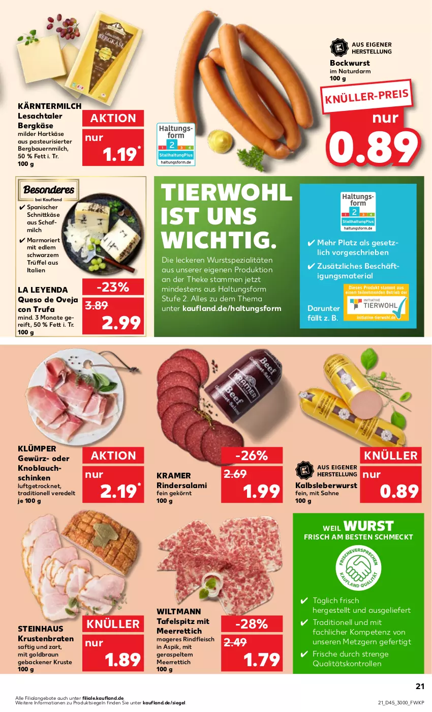 Aktueller Prospekt Kaufland - Prospekt - von 09.11 bis 15.11.2023 - strona 21 - produkty: angebot, angebote, auer, Bau, Bauer, Bergkäse, bockwurst, braten, braun, eis, fleisch, geback, gewürz, hartkäse, Kalbsleber, Kalbsleberwurst, Käse, knoblauch, krustenbraten, leberwurst, meerrettich, milch, natur, Rettich, Ria, rind, rinder, Rindersalami, rindfleisch, sac, saft, sahne, salami, schinken, schnittkäse, Spezi, steinhaus, tafelspitz, Ti, Trüffel, wiltmann, wurst