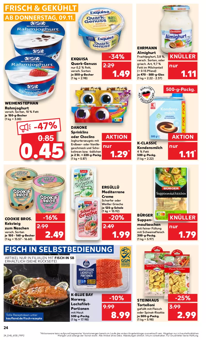 Aktueller Prospekt Kaufland - Prospekt - von 09.11 bis 15.11.2023 - strona 24 - produkty: almighur, almighurt, angebot, Becher, Clin, cookie, creme, danone, ehrmann, ehrmann almighurt, eis, exquisa, filet, fisch, fleisch, frucht, fruchtjoghurt, joghur, joghurt, keks, kondensmilch, lachs, lachsfilet, linsen, mac, maultaschen, milch, nuss, quark, rahmjoghurt, rezept, rezepte, ricotta, rwe, Schal, Schale, schoko, Schokolinsen, schwein, schweine, schweinefleisch, spinat, steinhaus, suppe, suppen, Tasche, taschen, Ti, torte, tortelloni, vanille, weihenstephan, wein, weine, ZTE