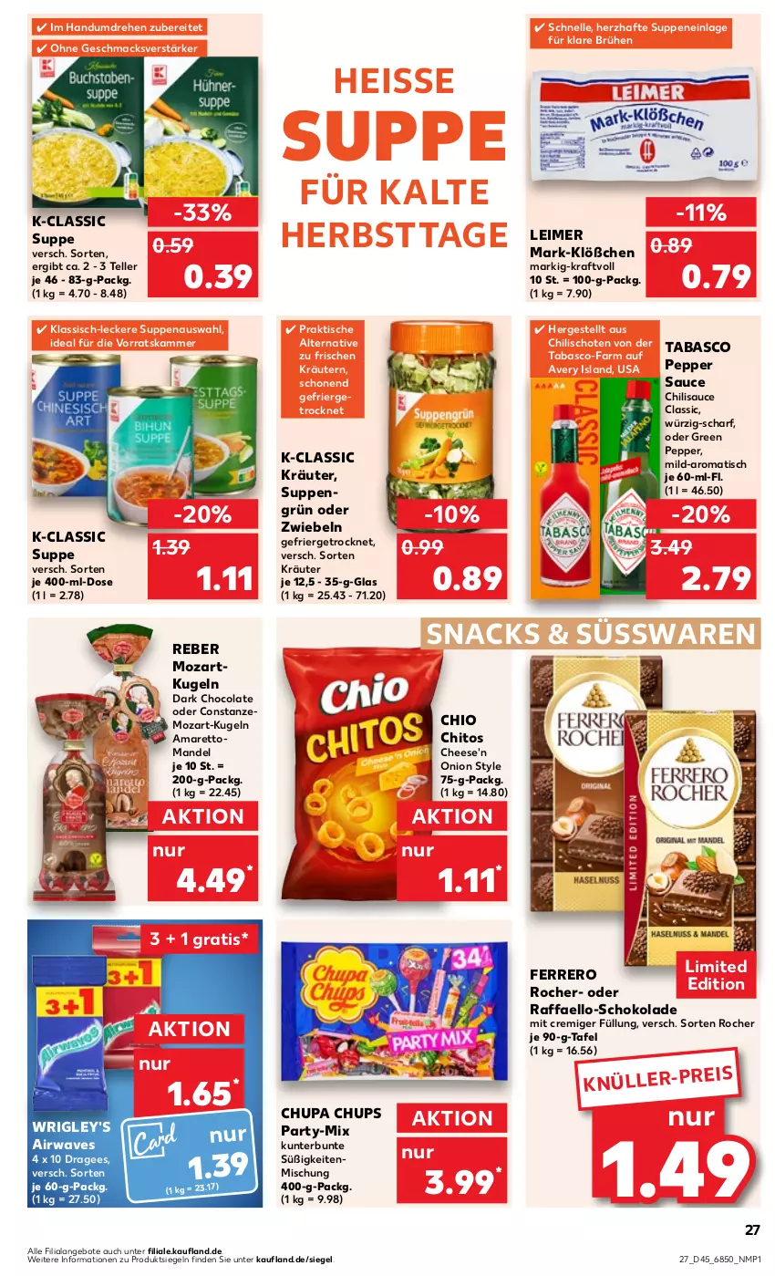 Aktueller Prospekt Kaufland - Prospekt - von 09.11 bis 15.11.2023 - strona 27 - produkty: Amaretto, angebot, angebote, Brühe, chili, chupa, chupa chups, cola, eimer, eis, elle, ferrero, Ferrero Rocher, kraft, kräuter, kräutern, Kugel, leimer, mac, mandel, raffaello, sauce, schoko, schokolade, snack, snacks, suppe, suppen, süsswaren, tabasco, teller, Ti, tisch, zwiebel, zwiebeln