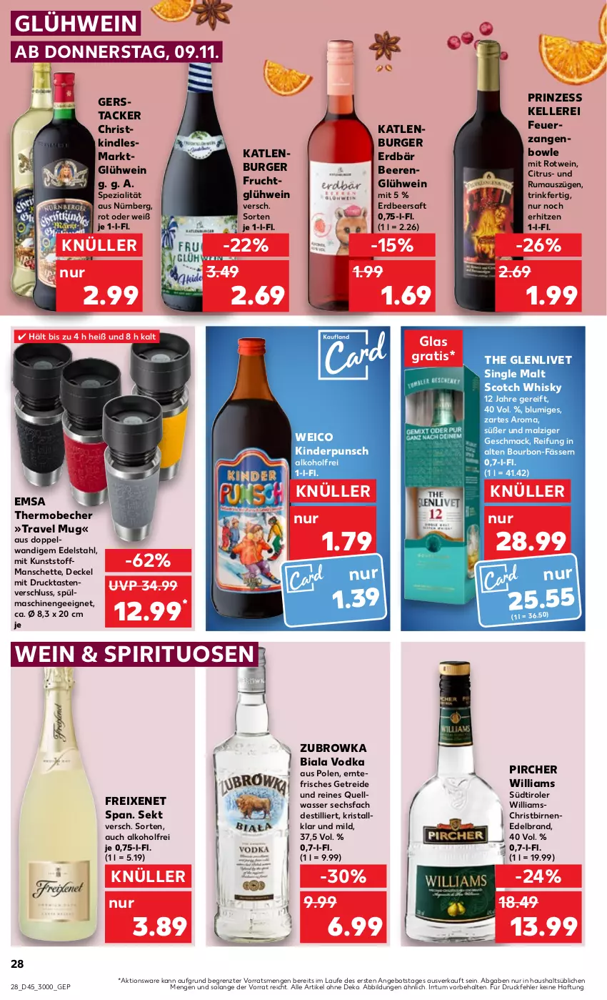 Aktueller Prospekt Kaufland - Prospekt - von 09.11 bis 15.11.2023 - strona 28 - produkty: alkohol, angebot, Becher, beere, beeren, Birnen, bourbon, bowle, burger, citrus, decke, Deckel, edelstahl, elle, emsa, Erdbär, freixenet, frucht, Glühwein, katlenburger, Kinder, Kindle, mac, malz, Maus, pircher, rotwein, rum, saft, scotch, scotch whisky, sekt, single malt, Spezi, spirituosen, spülmaschinen, südtiroler, Ti, travel mug, vodka, wasser, wein, whisky, Zangen, ZTE