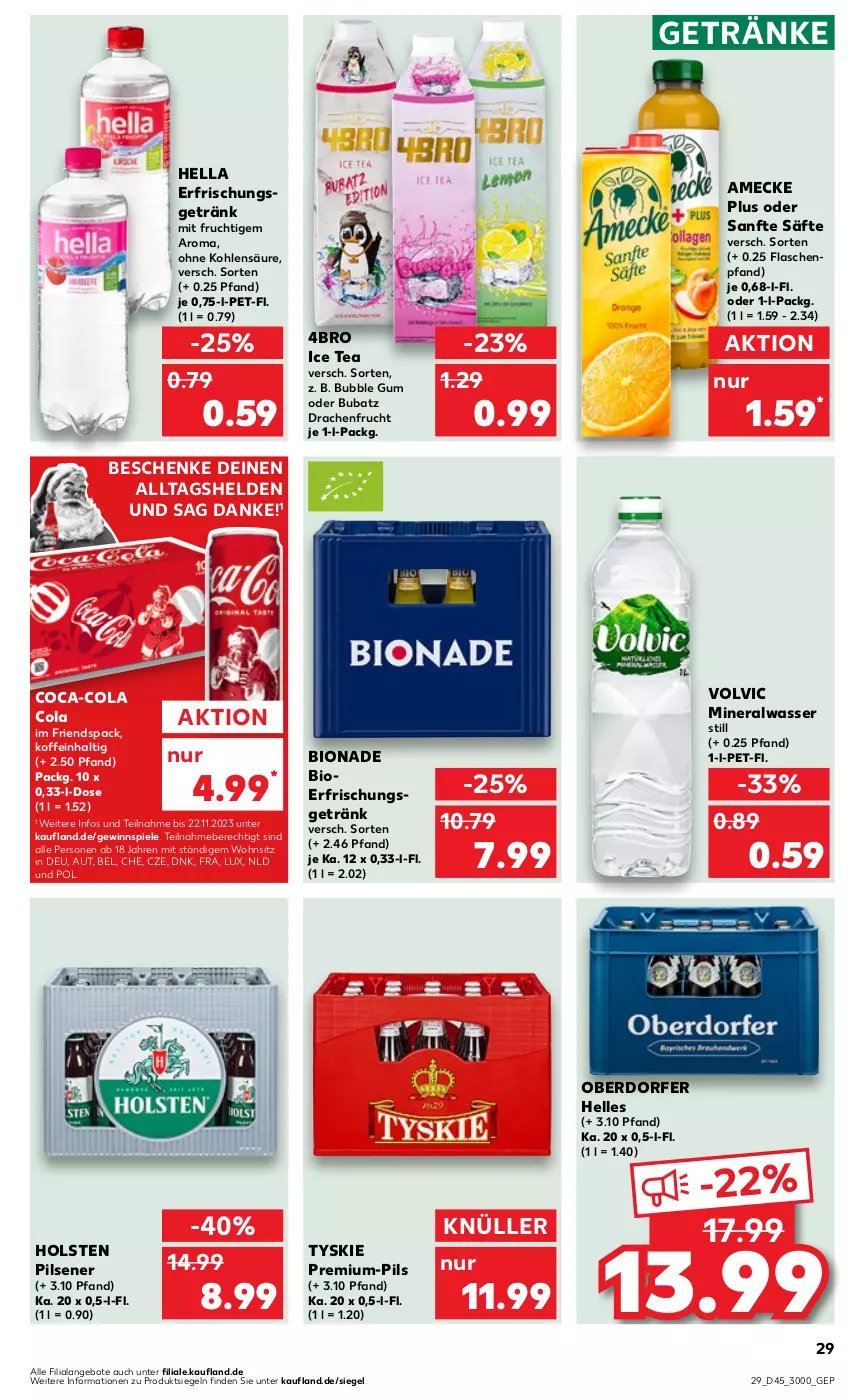 Aktueller Prospekt Kaufland - Prospekt - von 09.11 bis 15.11.2023 - strona 29 - produkty: Alwa, amecke, angebot, angebote, bio, bionade, coca-cola, cola, elle, erfrischungsgetränk, flasche, frucht, getränk, getränke, gewinnspiel, hella, holsten, holsten pilsener, ice tea, mineralwasser, mit frucht, pils, pilsener, säfte, Spiele, Ti, tyskie, volvic, wasser