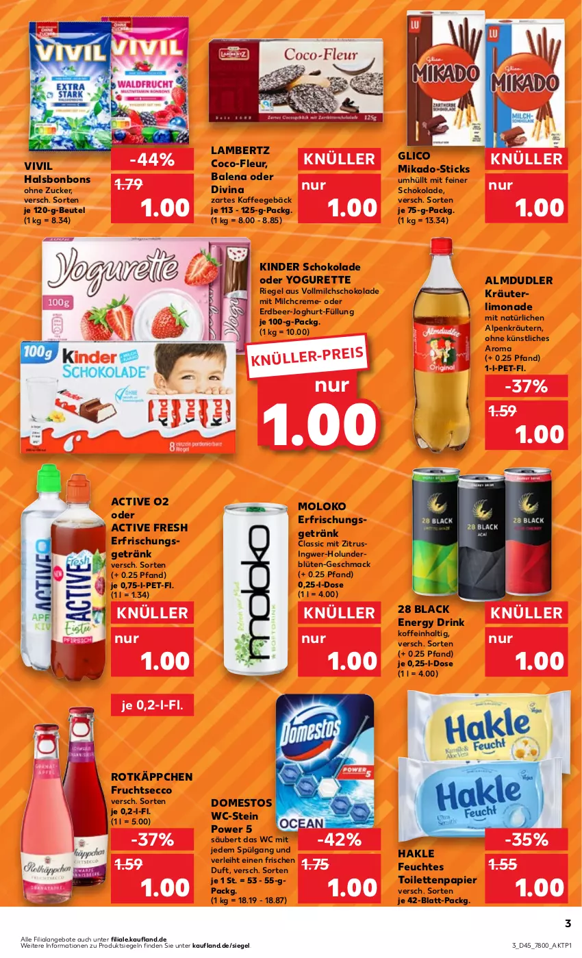 Aktueller Prospekt Kaufland - Prospekt - von 09.11 bis 15.11.2023 - strona 3 - produkty: almdudler, Amber, angebot, angebote, beutel, Blüte, bonbons, creme, domestos, drink, ecco, eis, energy drink, erfrischungsgetränk, feuchtes toilettenpapier, frucht, fruchtsecco, getränk, hakle, holunder, holunderblüte, ingwer, joghur, joghurt, kaffee, Kinder, kinder schokolade, kräuter, kräutern, lack, lambertz, LG, limo, limonade, mac, mikado, milch, oder yogurette, papier, riegel, rotkäppchen, schoko, schokolade, Ti, toilettenpapier, vollmilch, Yo, yogurette, zucker