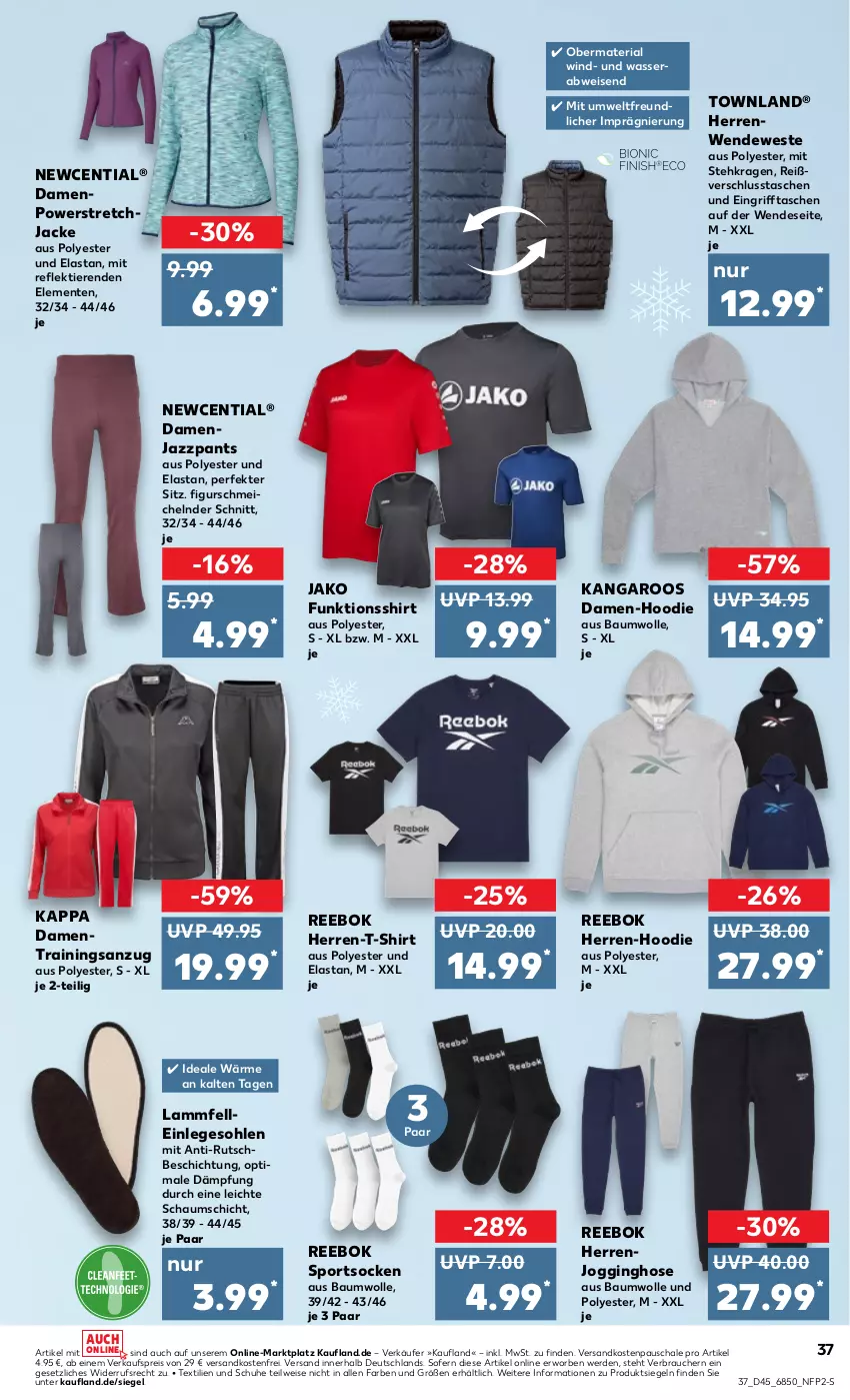 Aktueller Prospekt Kaufland - Prospekt - von 09.11 bis 15.11.2023 - strona 37 - produkty: Anzug, Bau, baumwolle, eis, elle, ente, erde, funktionsshirt, gin, herren-t-shirt, hose, Jacke, jako, Jogginghose, kappa, lamm, Lammfell, ndk, Pants, Rauch, Reebok, reis, Ria, Schal, Schale, schuhe, shirt, socken, Sport, sportsocken, T-Shirt, Tasche, taschen, Ti, Tiere, trainingsanzug, versandkostenfrei, wasser, Weste, wolle