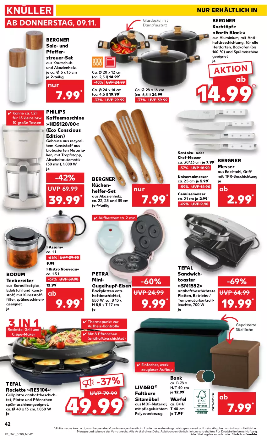 Aktueller Prospekt Kaufland - Prospekt - von 09.11 bis 15.11.2023 - strona 42 - produkty: angebot, angebote, aust, auto, backofen, Bank, Bau, bio, bodum, decke, Deckel, edelstahl, eis, Glasdeckel, grill, grillplatte, herdarten, Holz, kaffee, kaffeemaschine, küche, Küchen, Küchenhelfer, lack, latte, leine, Leuchte, messer, möbel, Ofen, Pfau, pfeffer, Pfefferstreuer, Philips, Ria, salz, sandwich, Schal, spülmaschinen, tasse, tee, Teebereiter, tefal, Ti, toast, toaster, werkzeug, würfel, ZTE