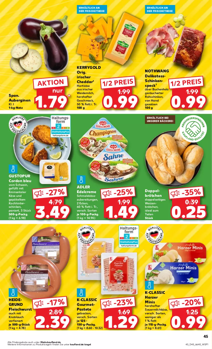 Aktueller Prospekt Kaufland - Prospekt - von 09.11 bis 15.11.2023 - strona 45 - produkty: angebot, angebote, aubergine, auberginen, auer, brötchen, buch, cheddar, cordon bleu, creme, edelcreme, eis, emmentaler, fleisch, fleischwurst, geback, gin, hartkäse, hinterschinken, Holz, Käse, kerrygold, knoblauch, mac, milch, mit knoblauch, pastete, reis, rohschinken, salz, Sauermilchkäse, schinken, schinkenspeck, Schmelzkäse, schmelzkäsezubereitung, schwein, Speck, Ti, weidemilch, wein, weizenbrötchen, wurst