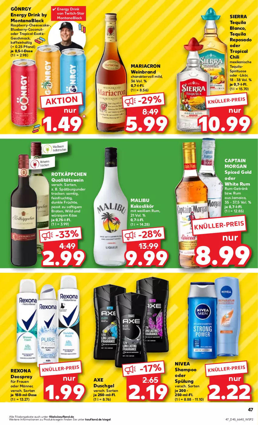 Aktueller Prospekt Kaufland - Prospekt - von 09.11 bis 15.11.2023 - strona 47 - produkty: angebot, angebote, axe, axe duschgel, blueberry, braten, burgunder, Cap, captain morgan, cheesecake, chili, coconut, deo, deospray, drink, duschgel, eis, energy drink, frucht, früchte, getränk, Käse, kokos, lack, likör, mac, Malibu, mariacron, montana, nivea, qualitätswein, raspberry, rexona, Ria, rotkäppchen, rotwein, rum, saft, shampoo, shampoo oder spülung, Sierra, sierra tequila, spätburgunder, spülung, tequila, Ti, wein, weinbrand, Weißwein, white rum, Wild