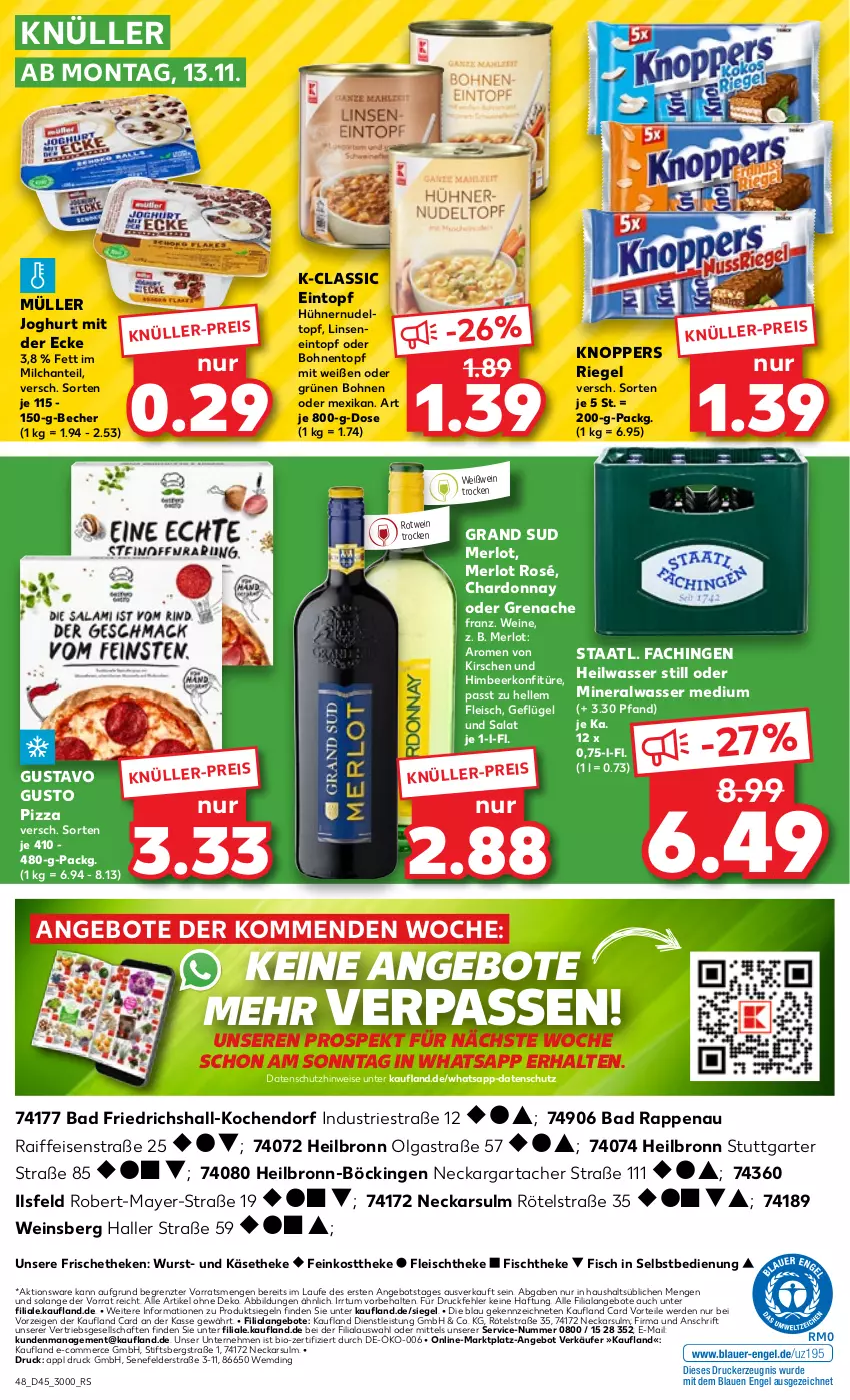 Aktueller Prospekt Kaufland - Prospekt - von 09.11 bis 15.11.2023 - strona 48 - produkty: Alwa, angebot, angebote, Astra, Bad, Becher, bio, bohne, bohnen, chardonnay, drucker, eintopf, eis, elle, Engel, erde, feinkost, feinkosttheke, fisch, fischtheke, fleisch, Geflügel, grand sud, himbeer, hühner, joghur, joghurt, joghurt mit der ecke, Käse, käsetheke, kerze, kirsch, kirsche, kirschen, knoppers, konfitüre, LG, linsen, merl, merlot, milch, mineralwasser, Mineralwasser Medium, Müller, nudel, pizza, reis, riegel, rotwein, salat, Staatl. Fachingen, Ti, topf, wasser, wein, weine, Weißwein, wurst, ZTE